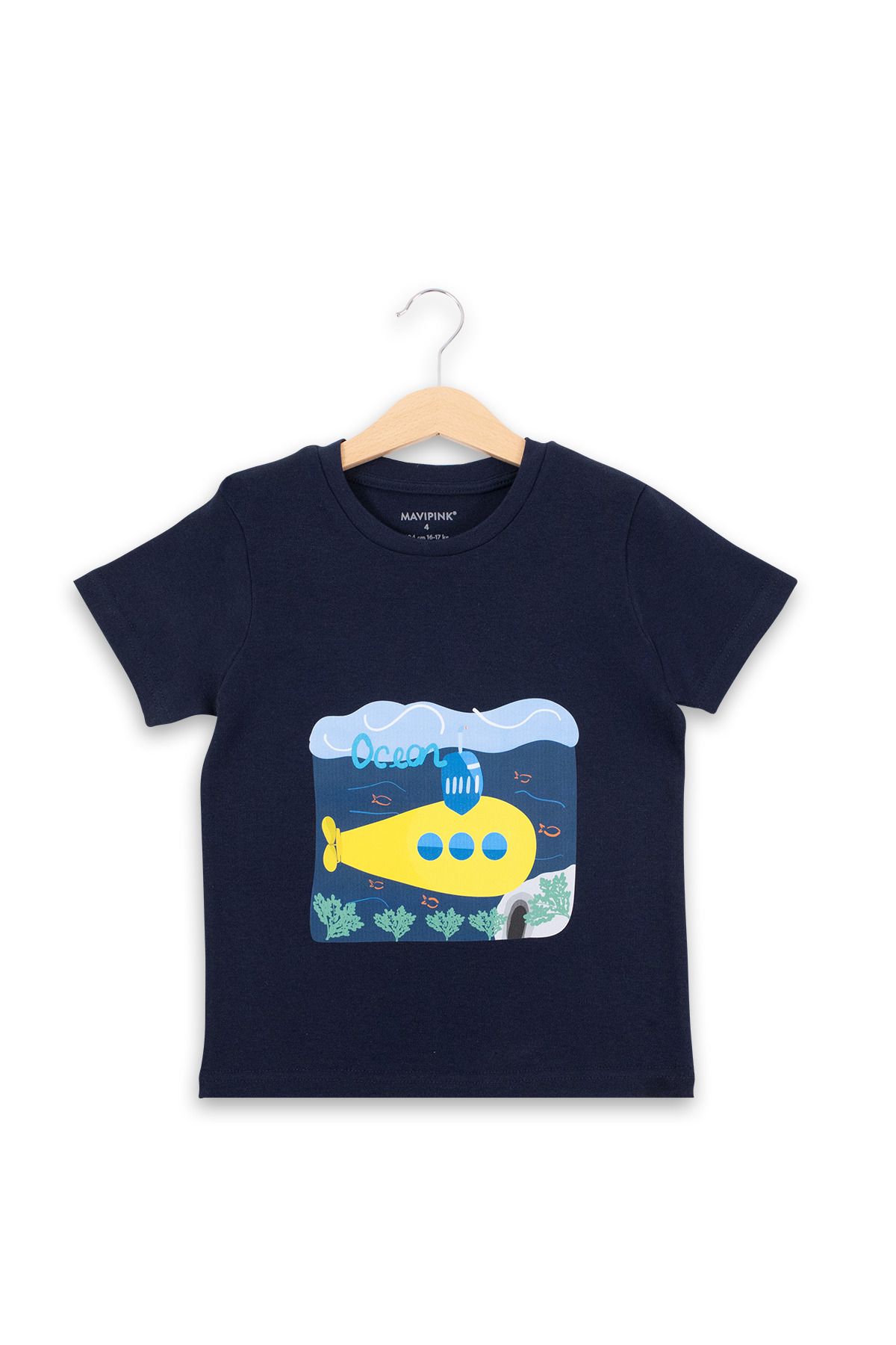 Bubuga Erkek Çocuk %100 Pamuk Lacivert Renk Denizaltı Baskılı Kısa Kol Tshirt