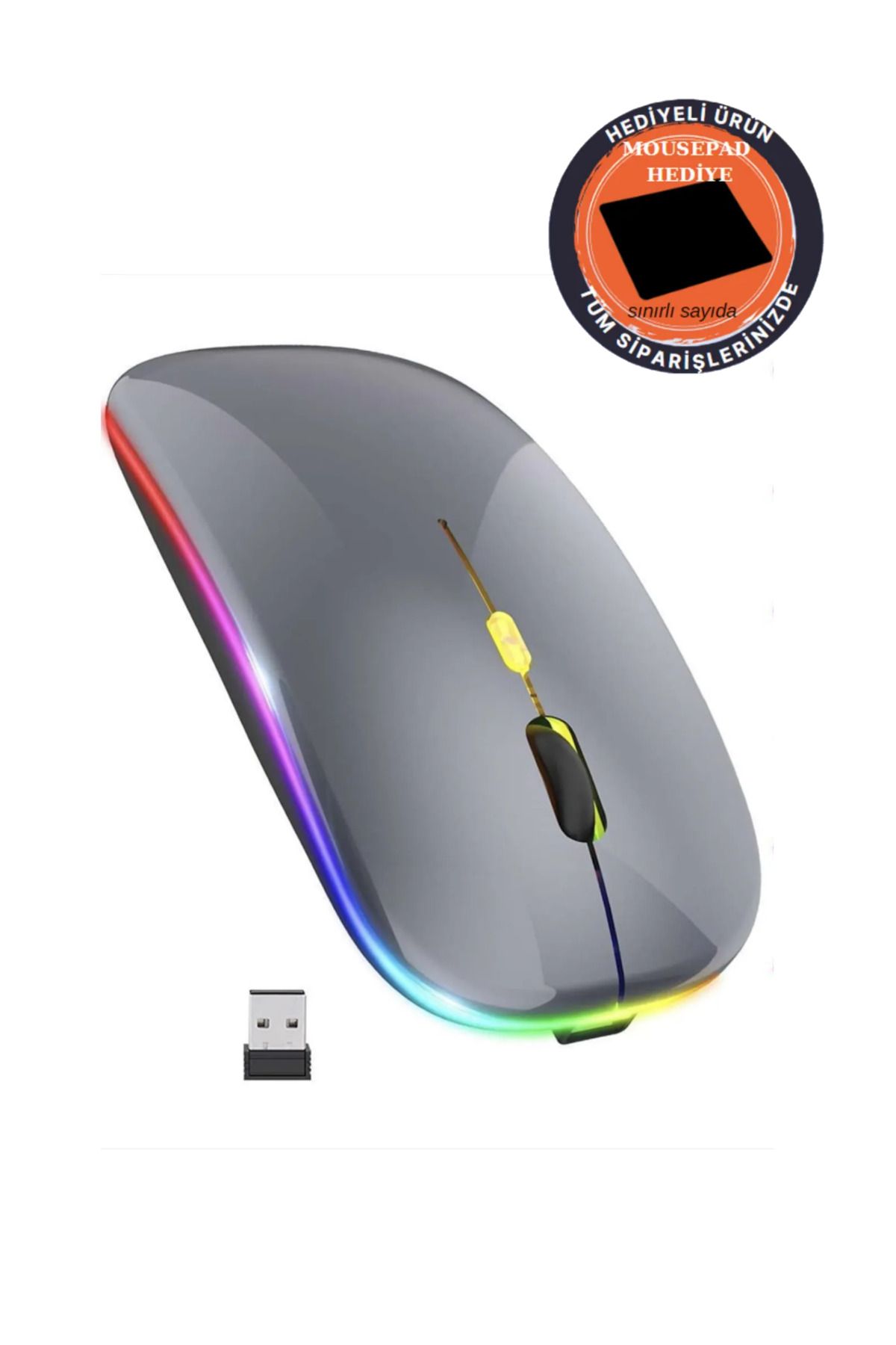 Osqar Gri Kablosuz Fare Wireless Mouse 4 Tuşlu Renk Sessiz Tıklama Şarj Edilebilir Mouse