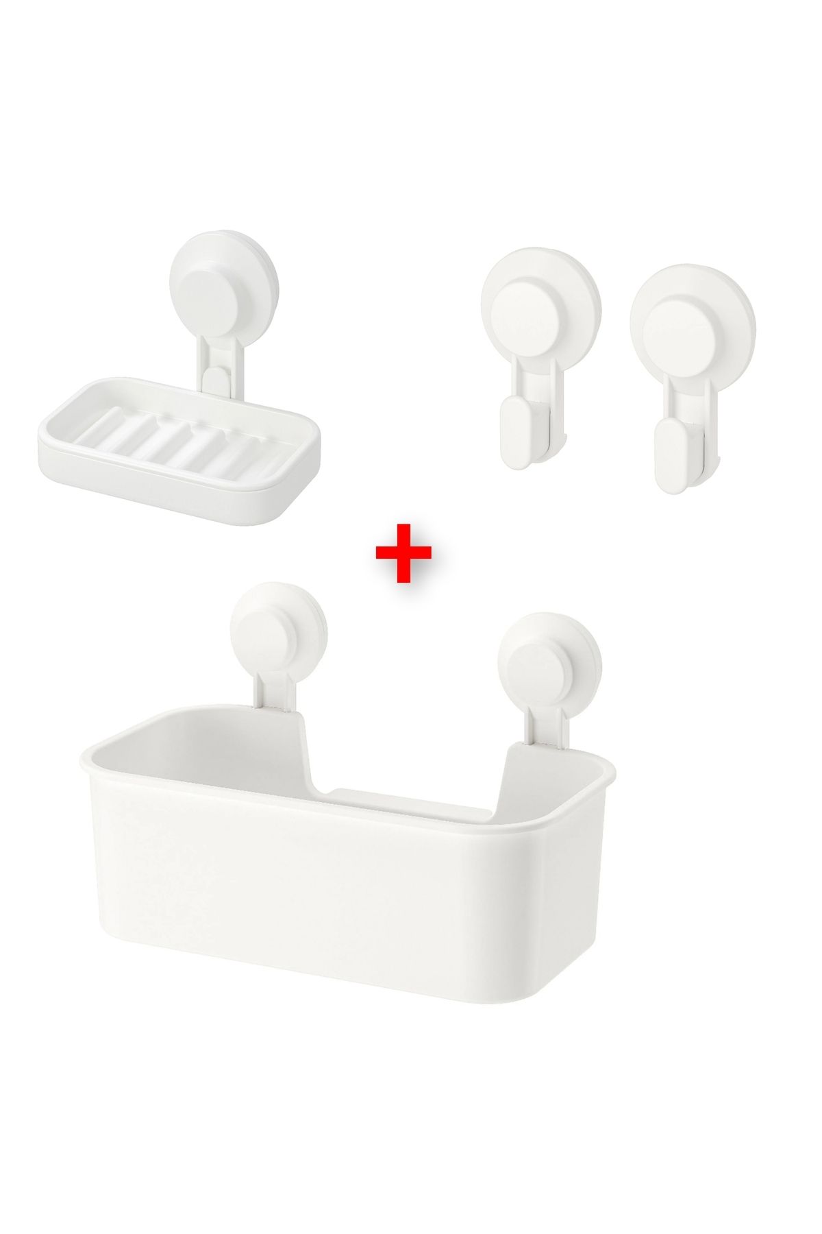 NIDAGE Beyaz 3 Parça Vantuzlu Banyo Seti İkea Duş Sepeti, Sabunluk ve 2 Li Duvar Askısı Beyaz Plastik Plas