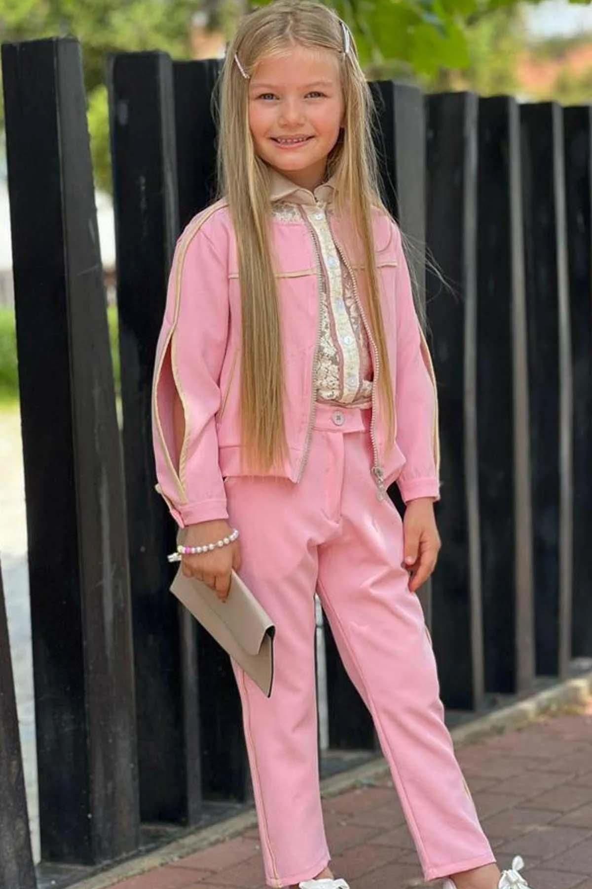 Riccotarz Kız Çocuk New Güpür İşlemeli Bluz ve Şerit Detaylı Pembe Alt Üst Takım