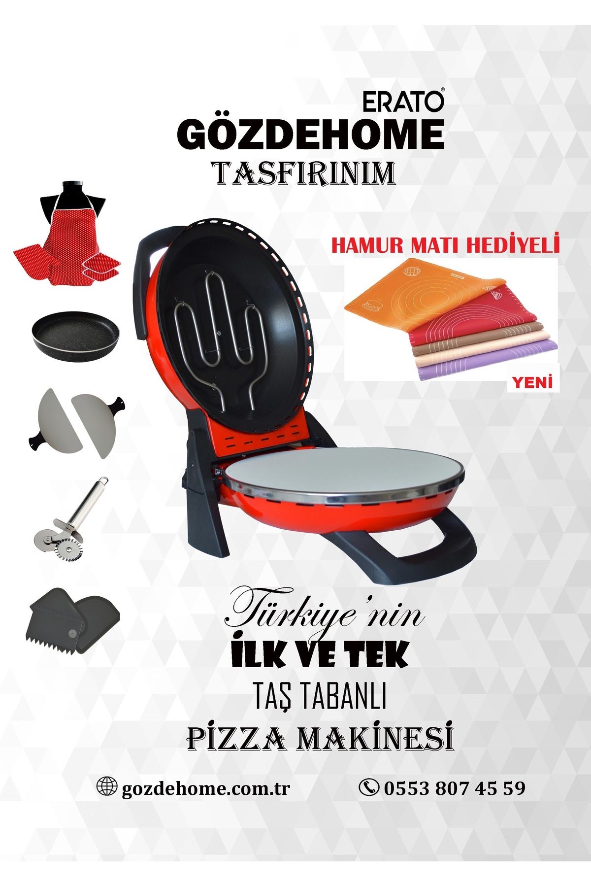 gözdehome K. Kırmızı - Erato Taşfırınım Pizza Makinesi, Lahmacun Makinesi Doğal Taş Fırın - Timer - 400 °c