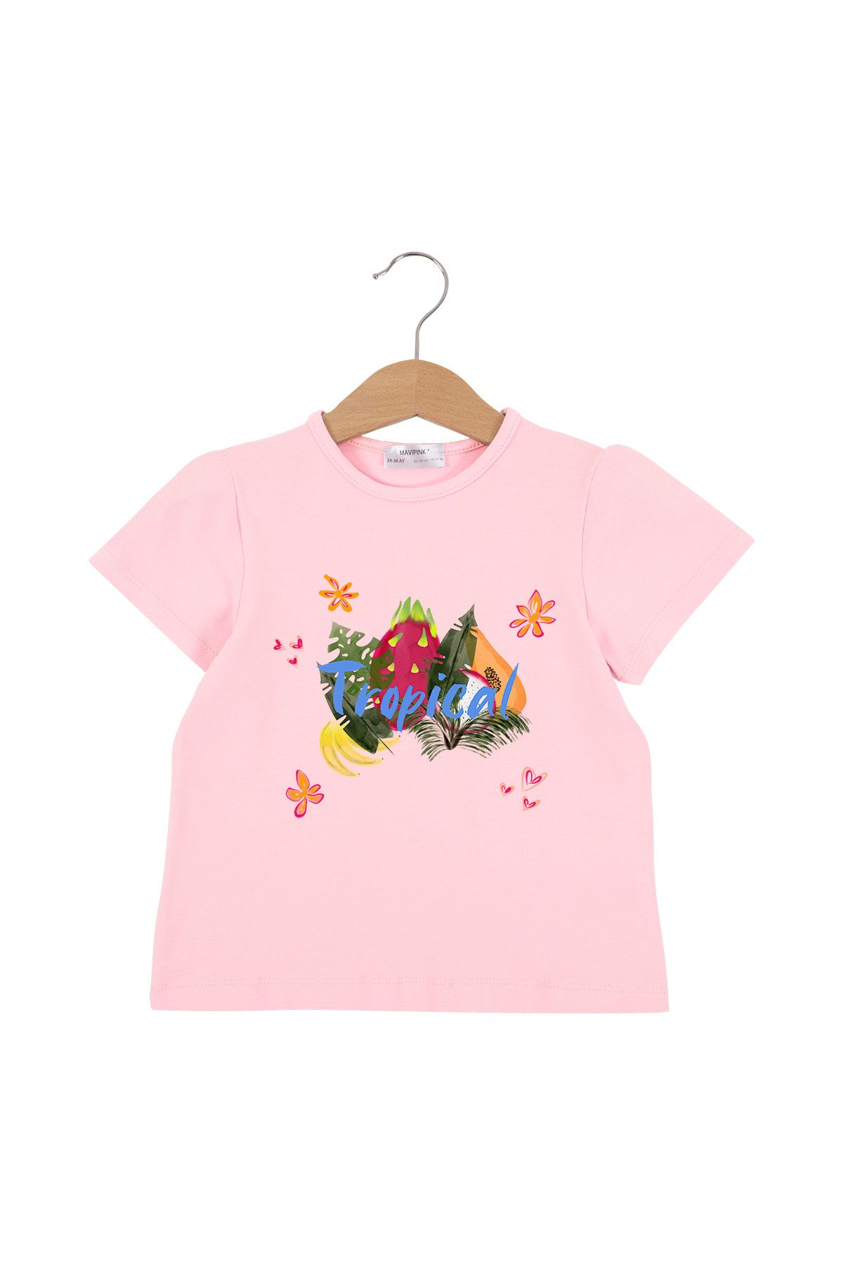 Bubuga Kız Çocuk %100 Pamuk Pembe Renk Tropical Baskılı Kısa Kol Tshirt