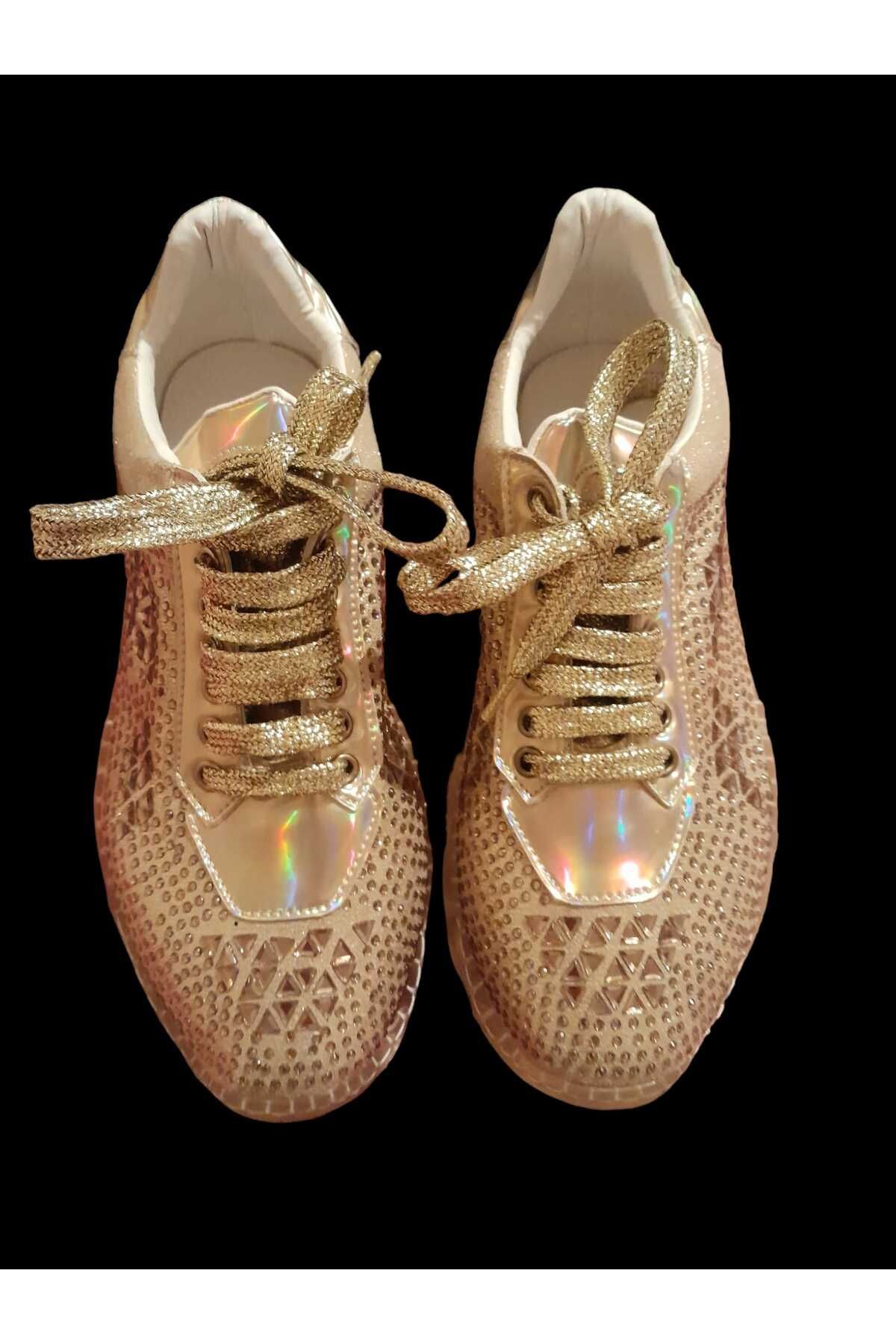 dms lüx - gold - özel seri kadın ayakkabı - gold altın rengi lüx spor ayakkabı - şık tasarım