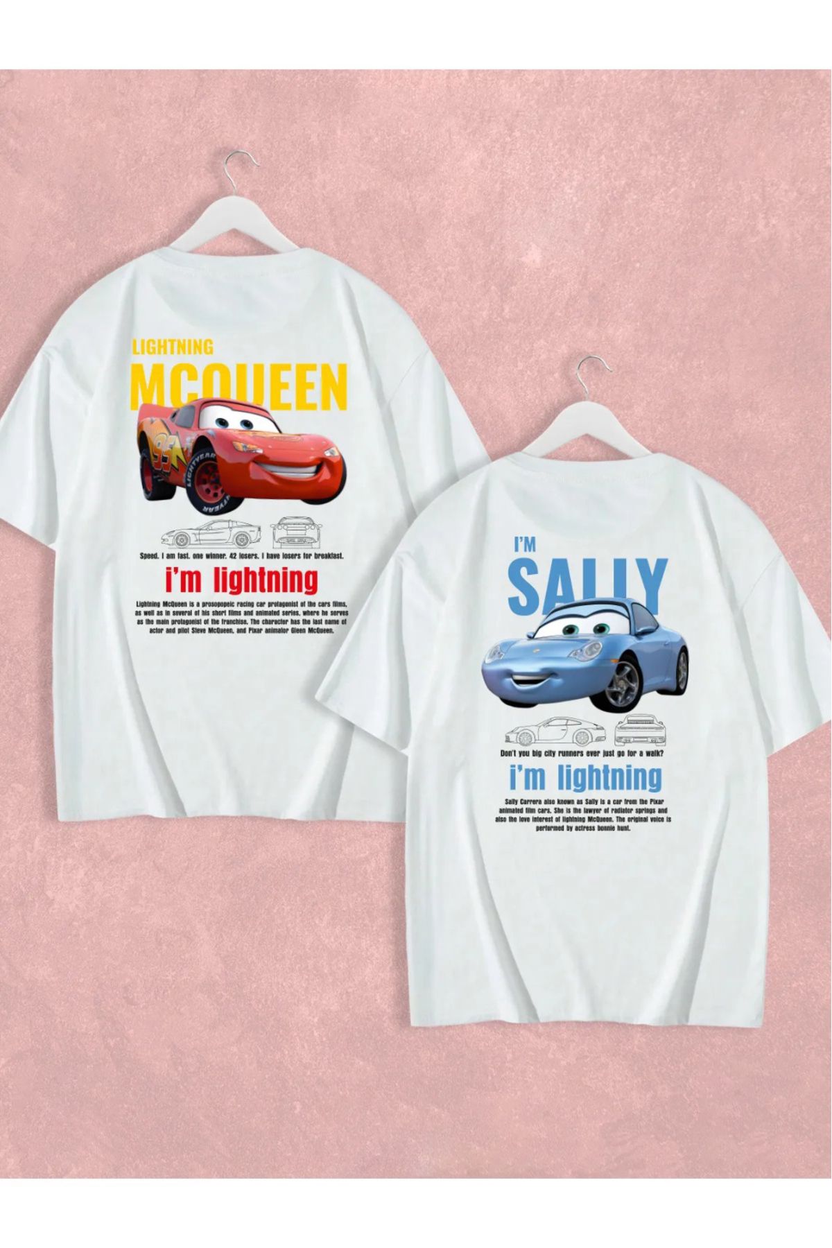 puolikuu Sevgili Çift Kombinleri 2 Li Ürün - T-shirt I'M SALLY & MCQUEEN Car Detail Oversize Unisex T-Shirt