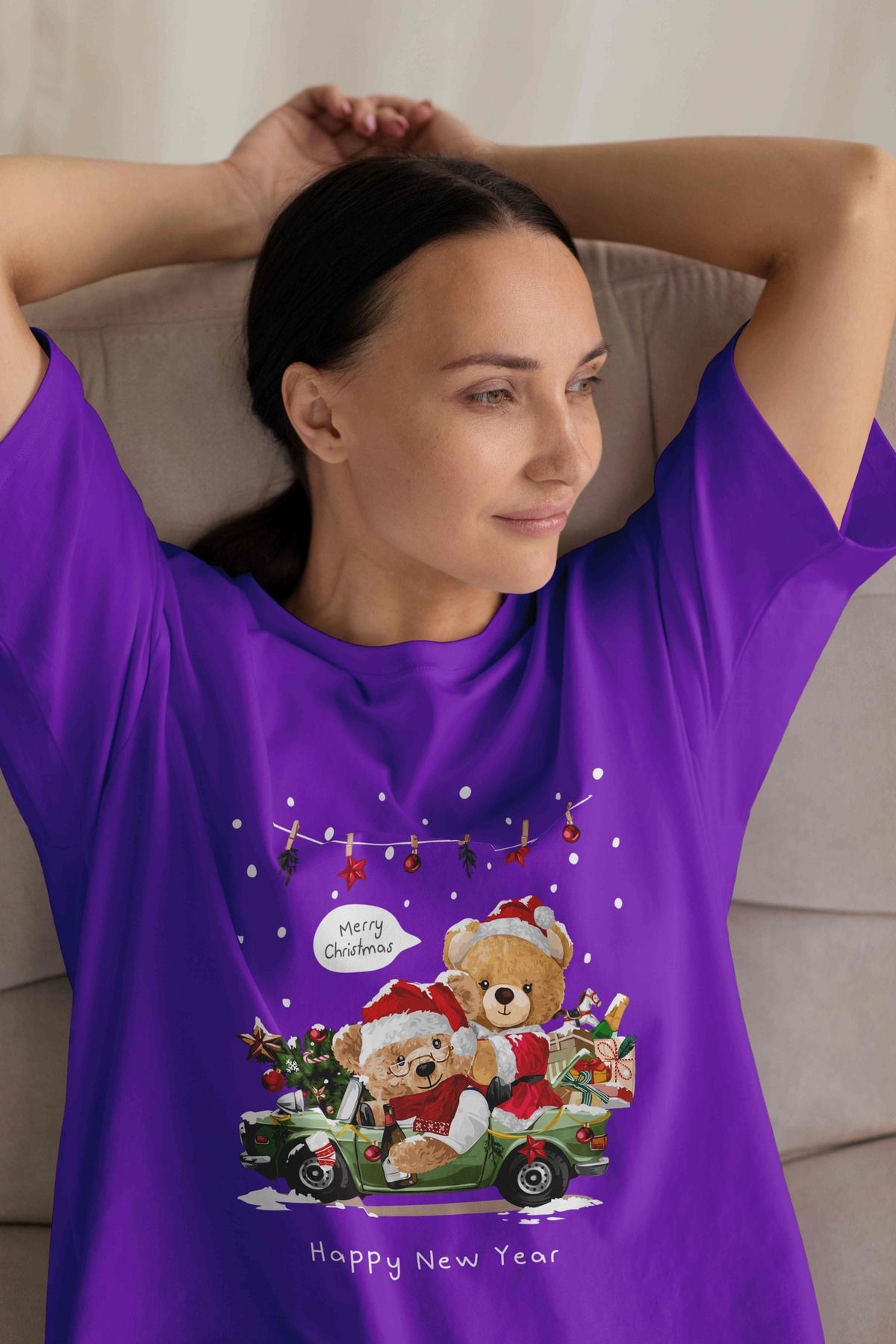 DogFish Kadın Lila Teddy Baskılı Oversize T-Shirt