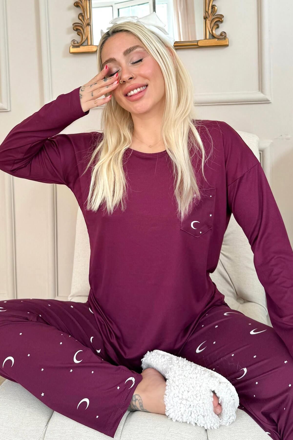 Pijamaevi Mürdüm Ay Yıldız Desenli Bambu Uzun Kol Kadın Pijama Takımı