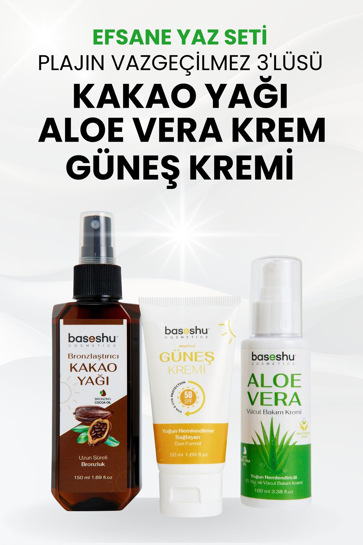 Baseshu Cosmetic Plaj Bakım Seti - Güneş Kremi, Kakao Yağı, Aloe Vera