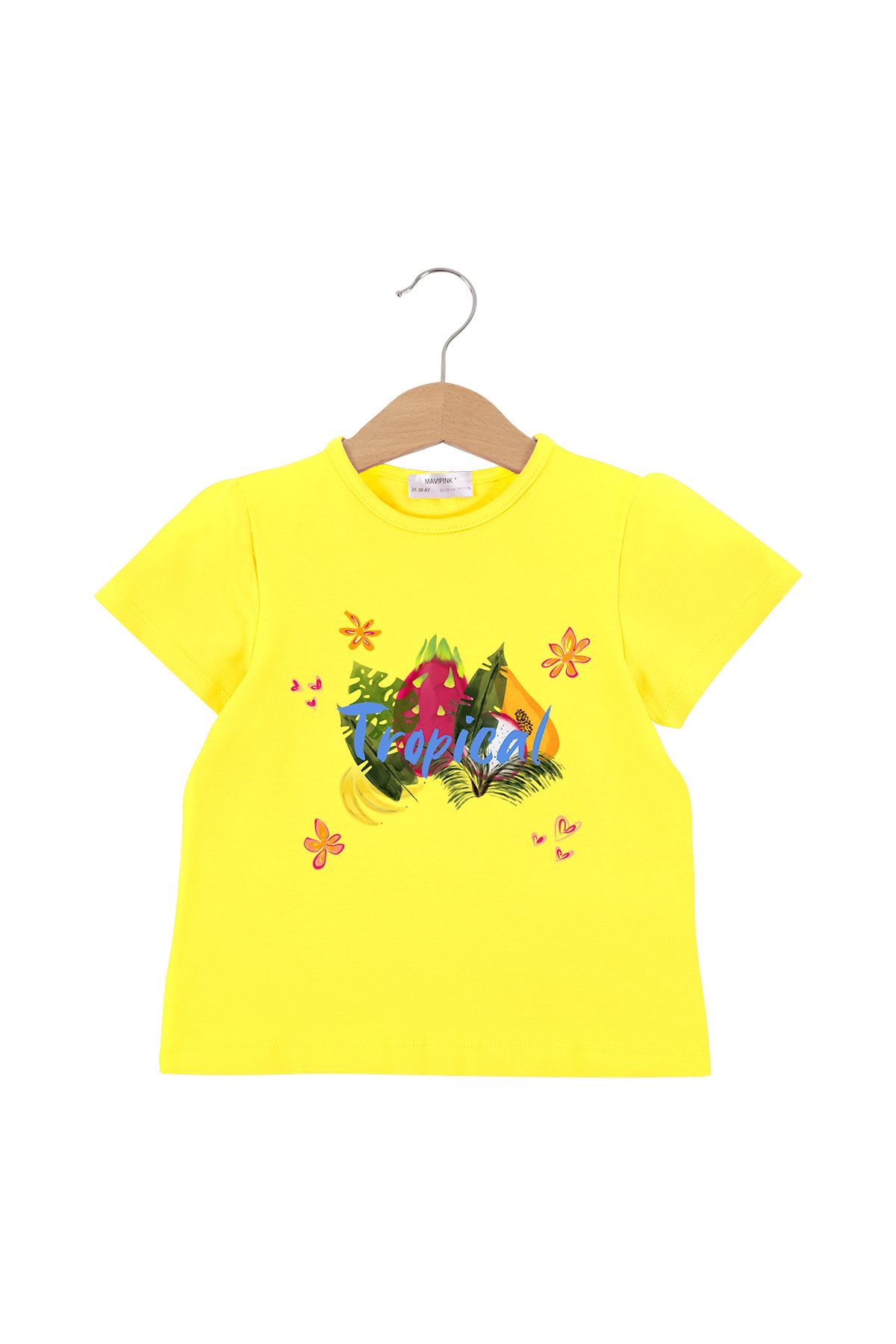 Bubuga Kız Çocuk %100 Pamuk Sarı Renk Tropical Baskılı Kısa Kol Tshirt