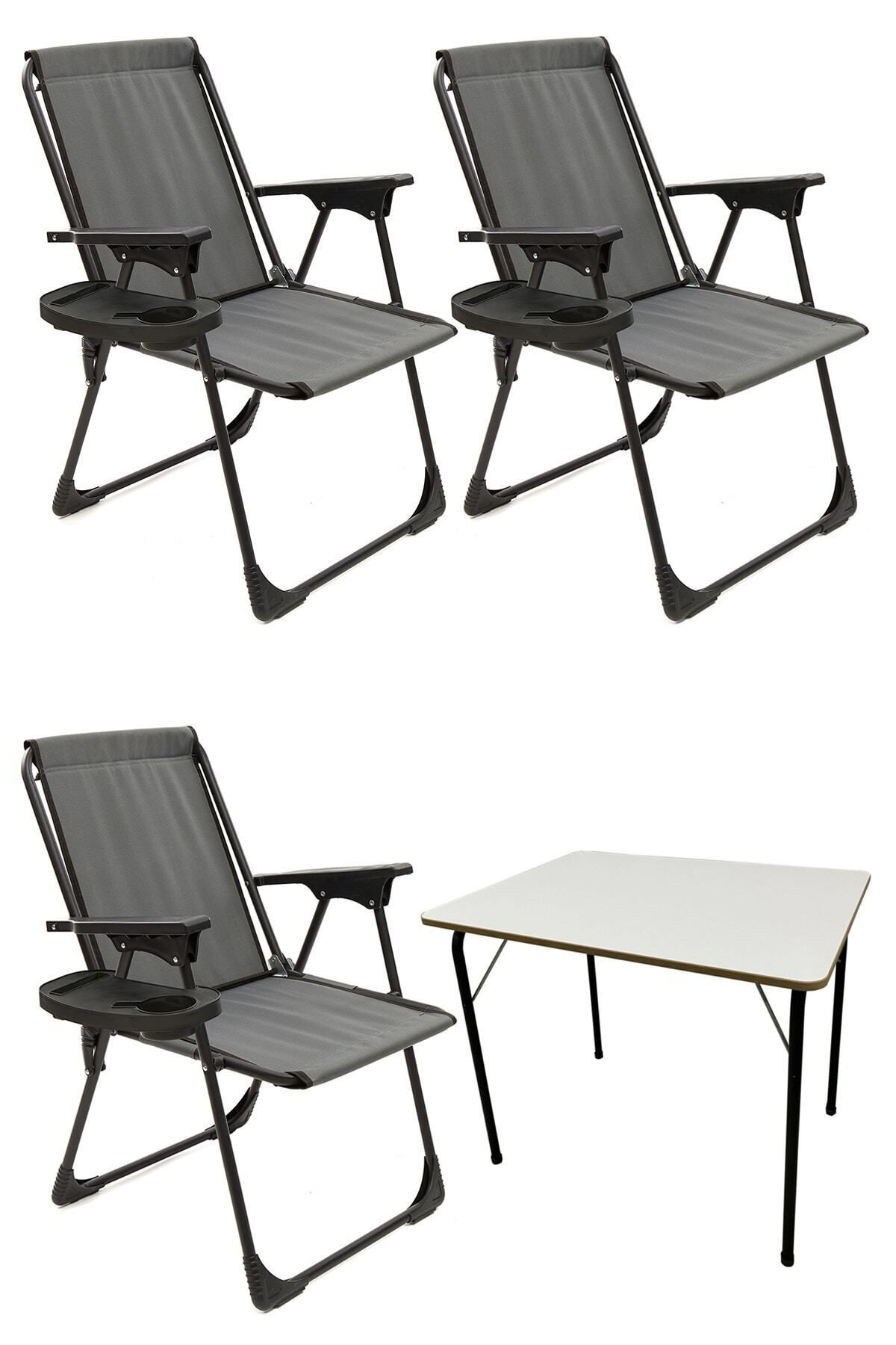 teknotrust Üçlü Set Natura 3 Adet Kamp Sandalyesi Katlanır Piknik Sandalye Oval Bardaklıklı Gri Katlanır Mdf M