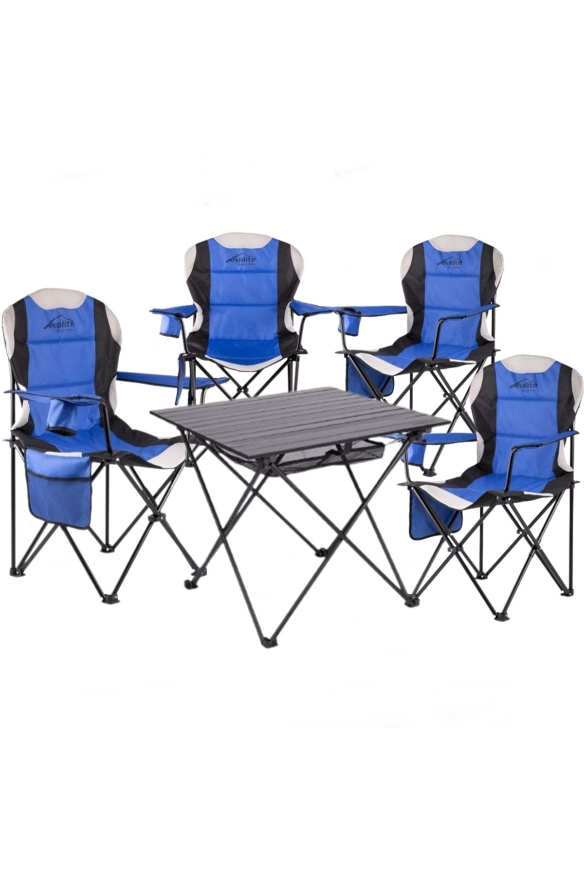 teknotrust Mavi  Katlanır Kamp Masası + 4 Adet Katlanır Kamp Sandalyesi Bahçe Balkon Piknik Tak