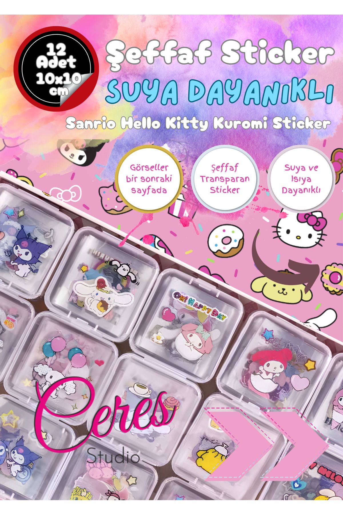 Ceres Studio Şeffaf Kuromi Sanrio Su Geçirmez Sticker - My Melody Hello Kitty Cinnamoroll Etiket Seti