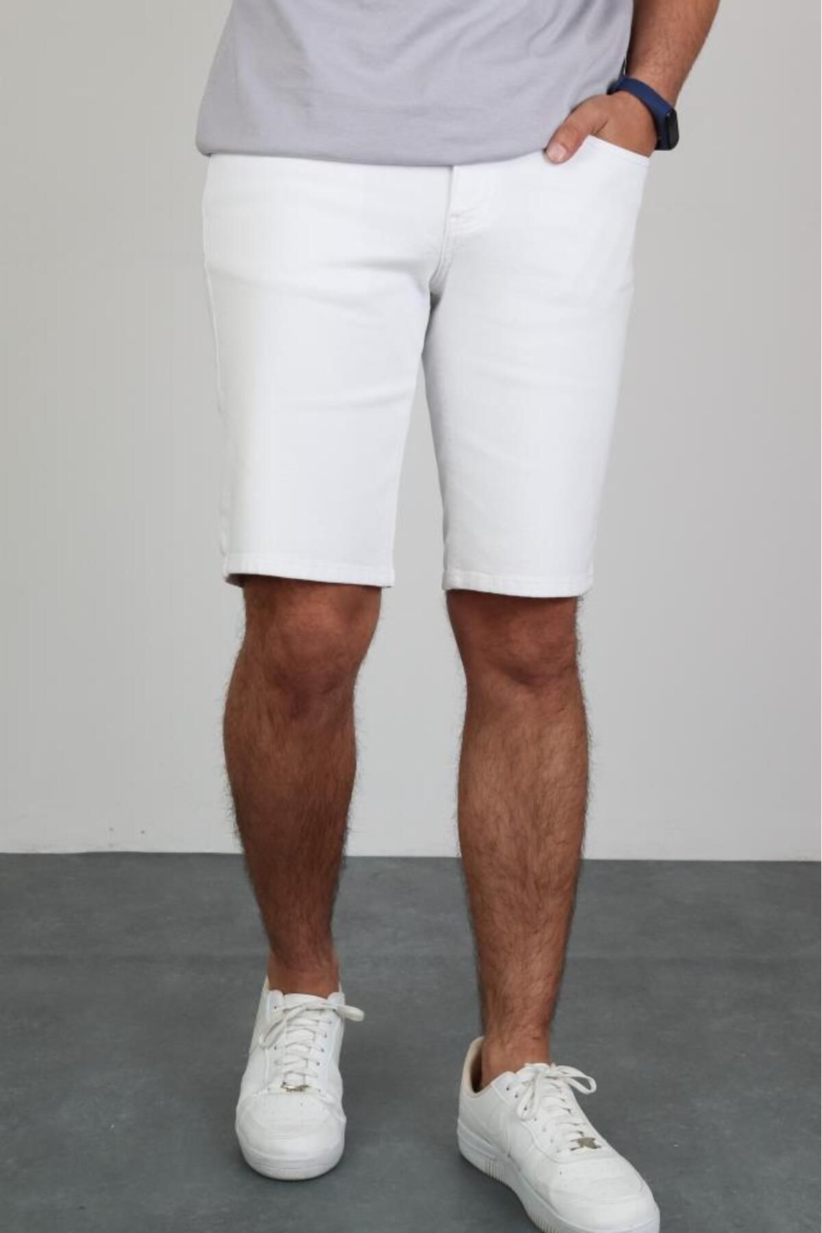 HLT JEANS Erkek Beyaz Slim Kesim Comfort Likralı Denim Esnek Jeans Kot Şort THOMAS-BEYAZ