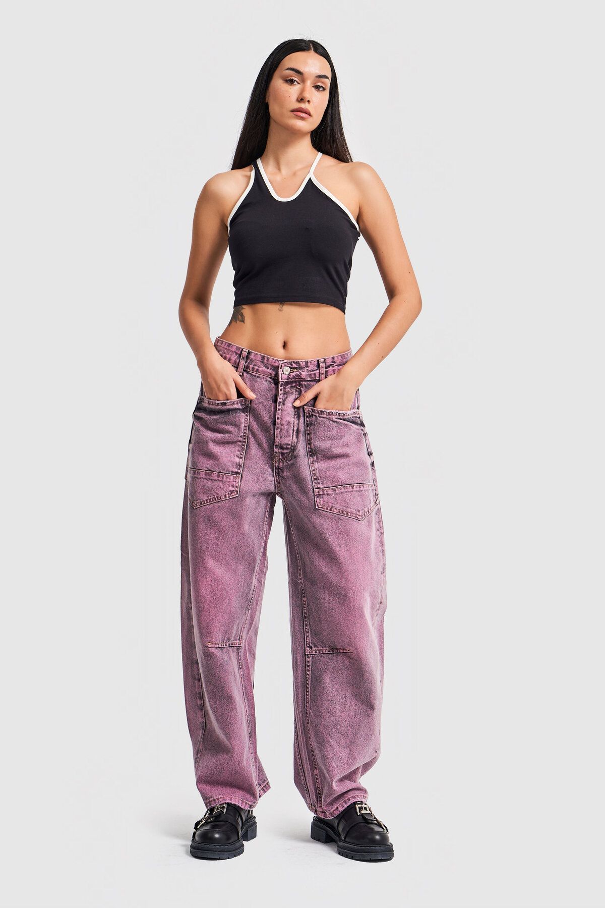 its basic Kadın Fuşya Renk Bol Kesim Midrise Denim Pantolon