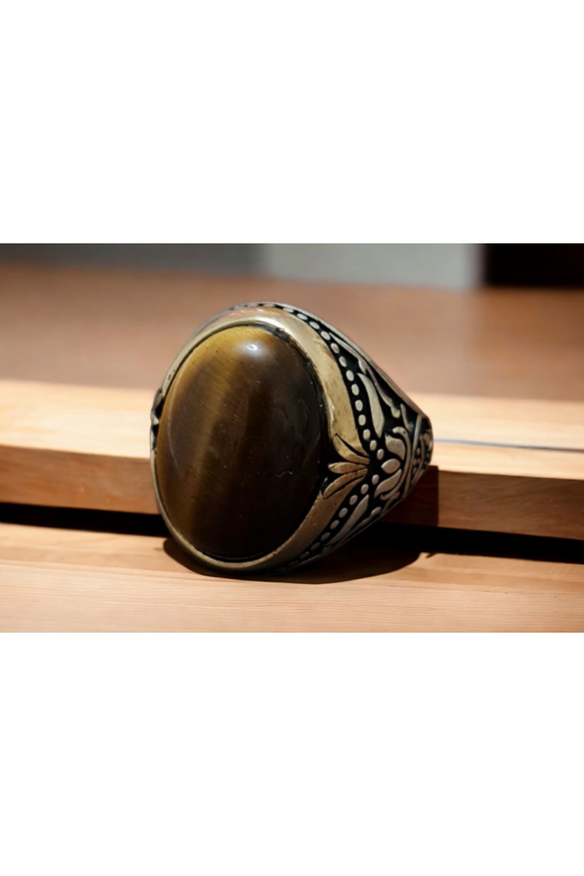 La'Vanti Designs Kaplan Gözü Doğal Taşlı Erzurum Kalem İşçilikli 925 Ayar Gümüş Erkek Yüzük Cesaret Yüzüğü