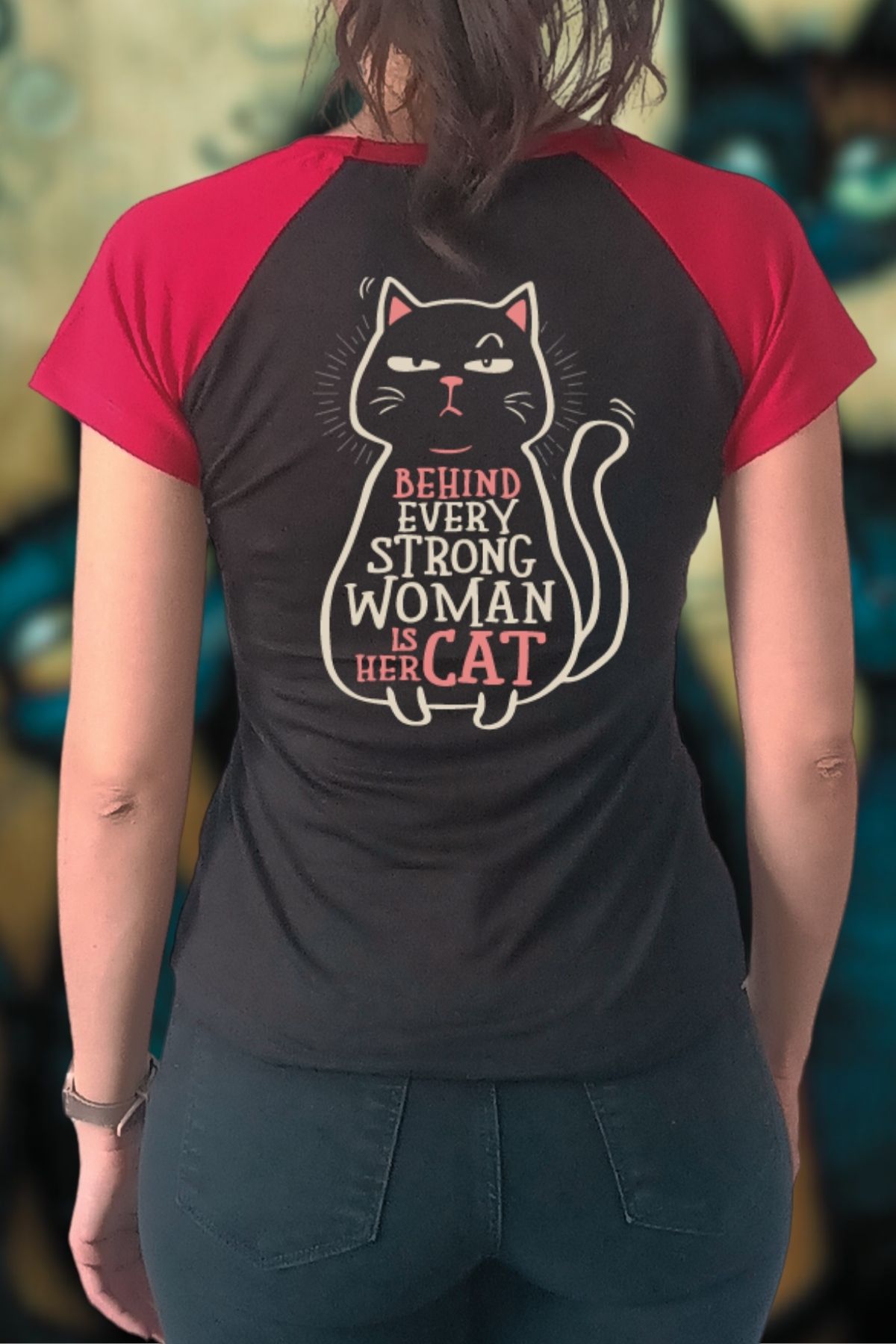 Kurun's Collection Sırt Behind Cat Baskılı Reglan Kısa Kol Tshirt