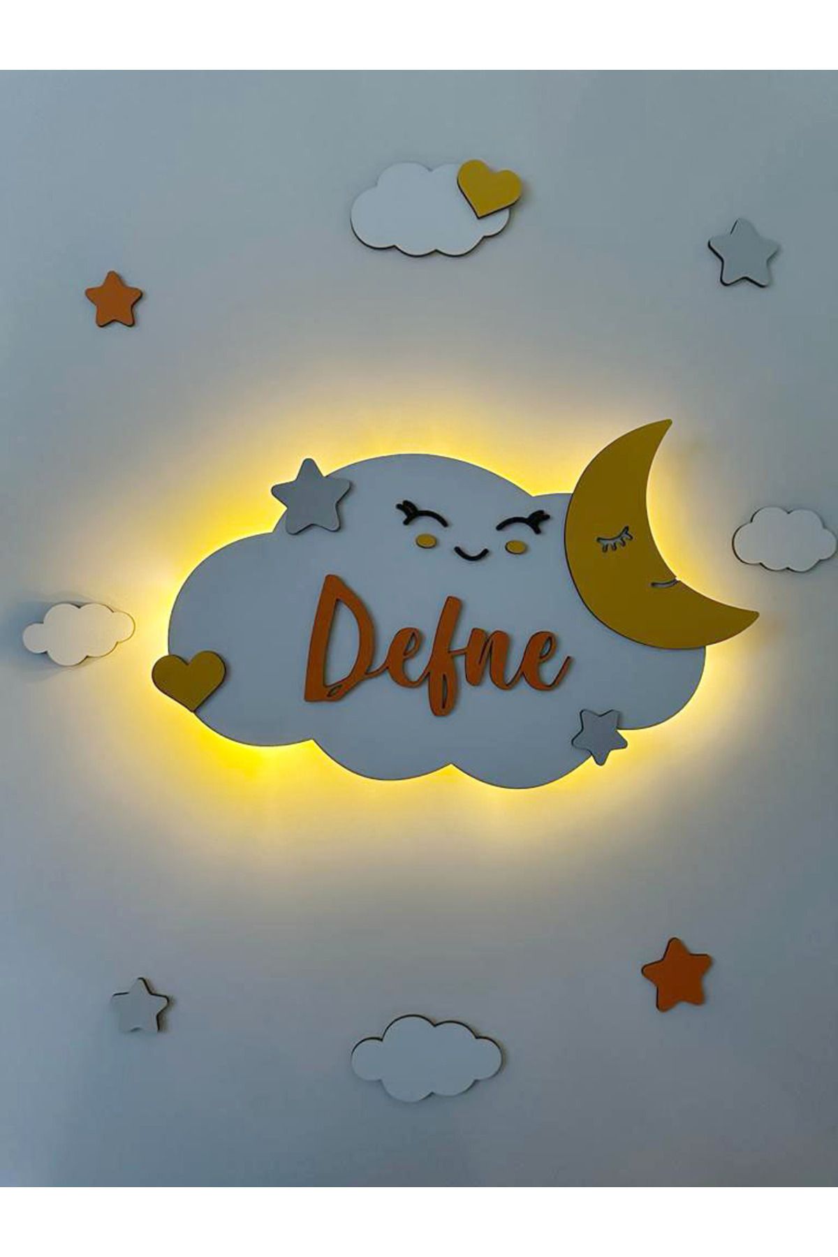 Liko Studio Ledli Özel İsimli Bebek Çocuk Odası Dekoratif Süs Gece Lambası Bulut Ay Hediyelik Aydınlatma