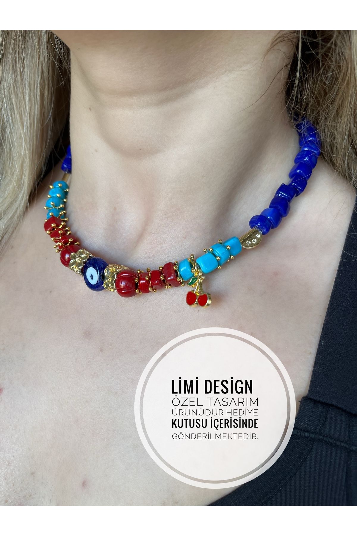 Limi Design Cam Bodrum Boncuk  Kiraz Aksesuarlı El Yapımı Murano Kolye