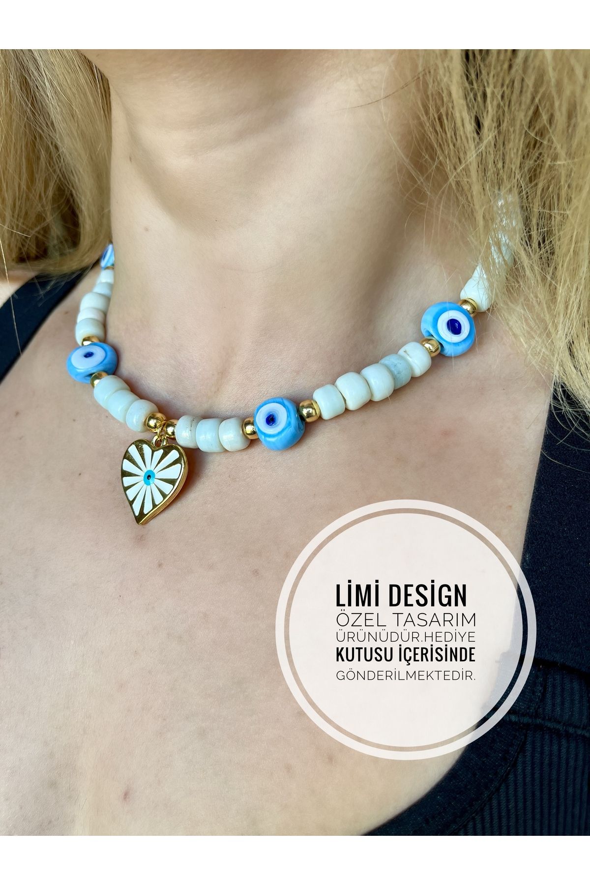 Limi Design Cam Bodrum Boncuklu göz kalp Aksesuarlı charmlı El Yapımı Murano Kolye
