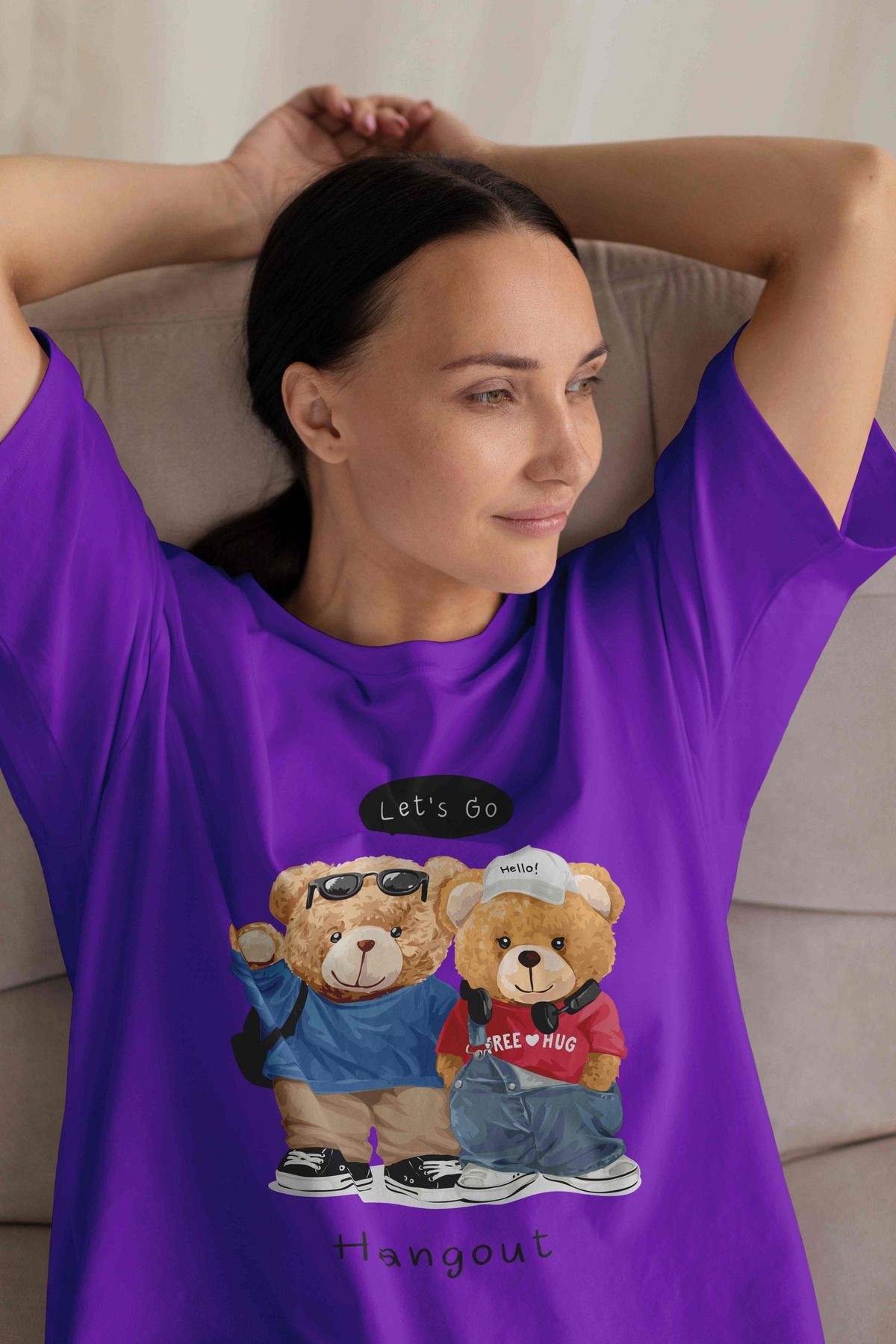 DogFish Kadın Lila Teddy Baskılı Oversize T-Shirt