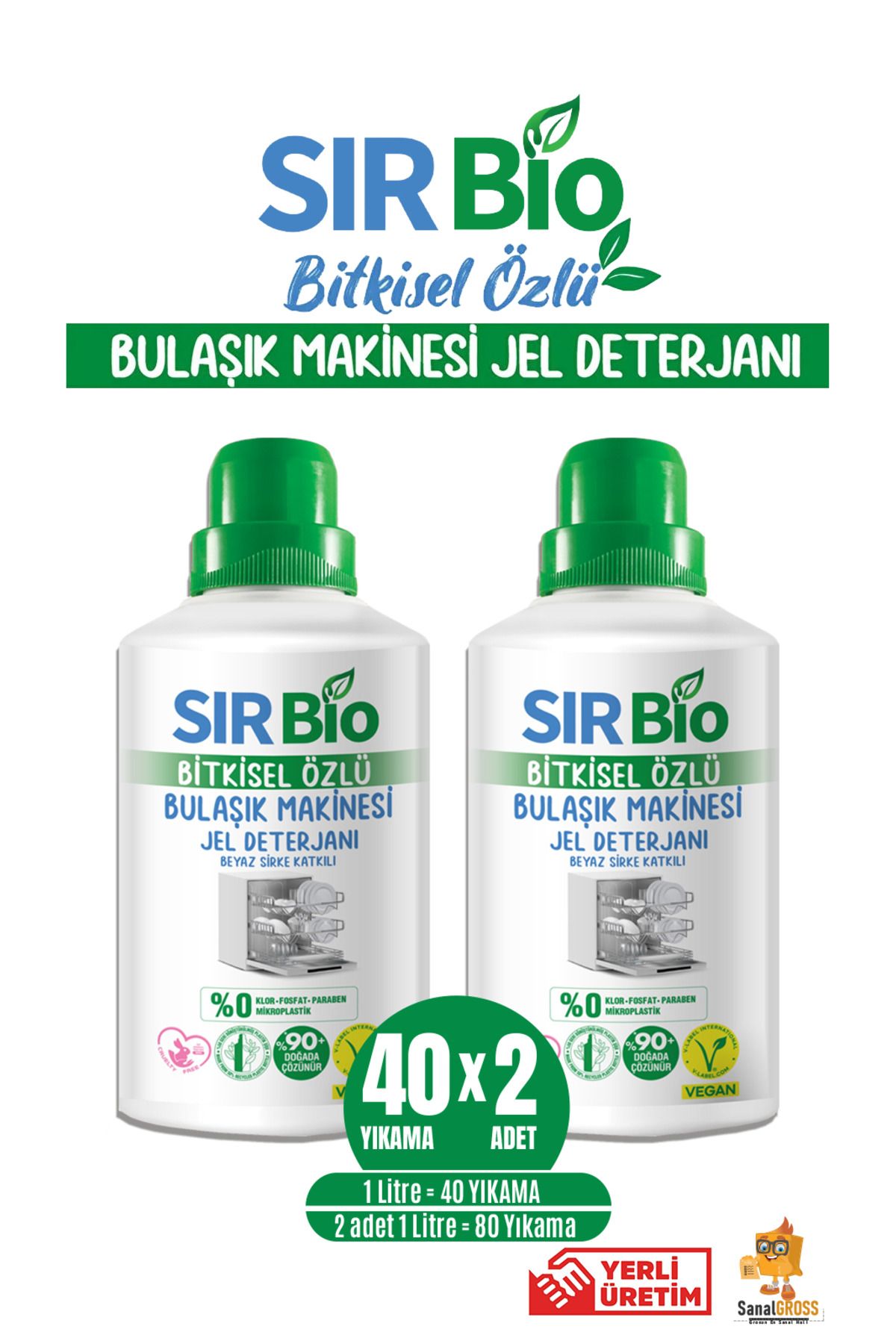 SIR Bio Bitkisel Özlü Bulaşık Makine Deterjanı 1000 ml x 2 Adet