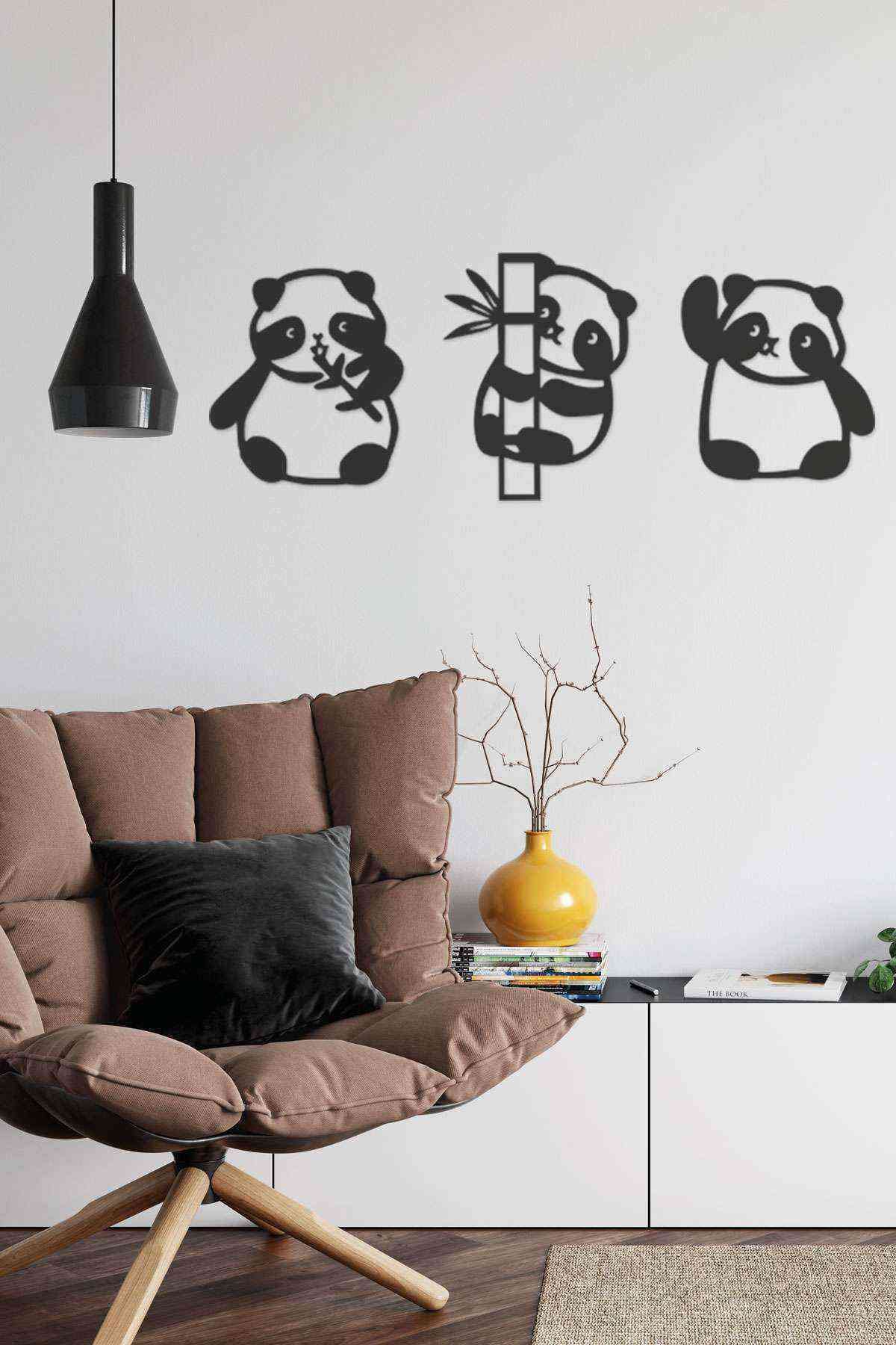 RetroLazer Panda 3lü Duvar Dekoru Siyah Ahşap Lazer Tablo Mdf