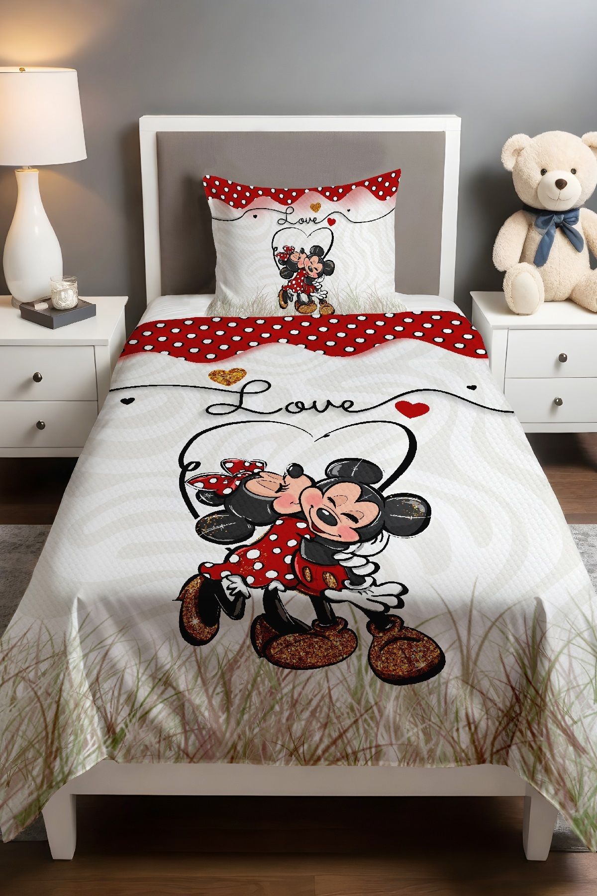 Evpanya Mickey ve Minnie Dostluğu Desenli Pike Seti (160x230cm)