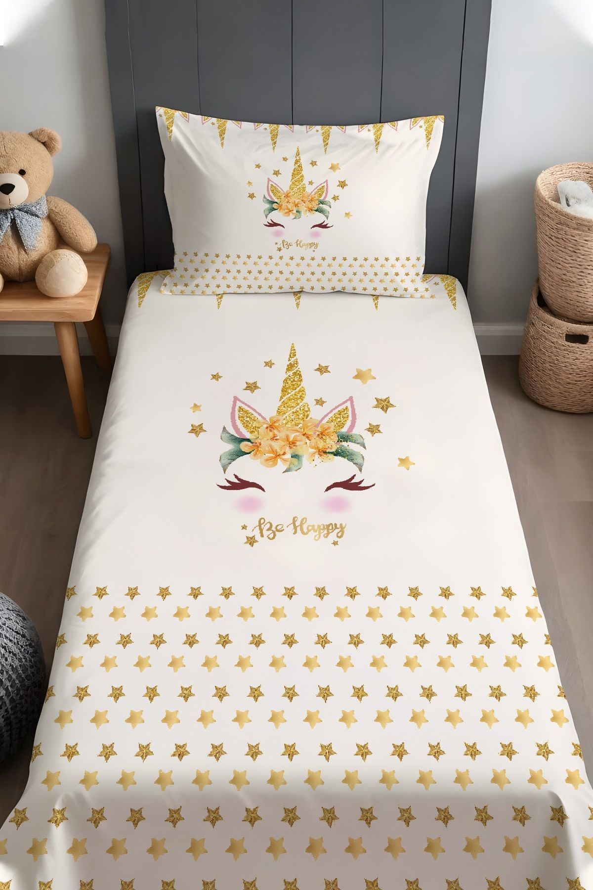 Evpanya Altın Unicorn Taçı Desenli Yatak Örtüsü ve Yastık Kılıfı