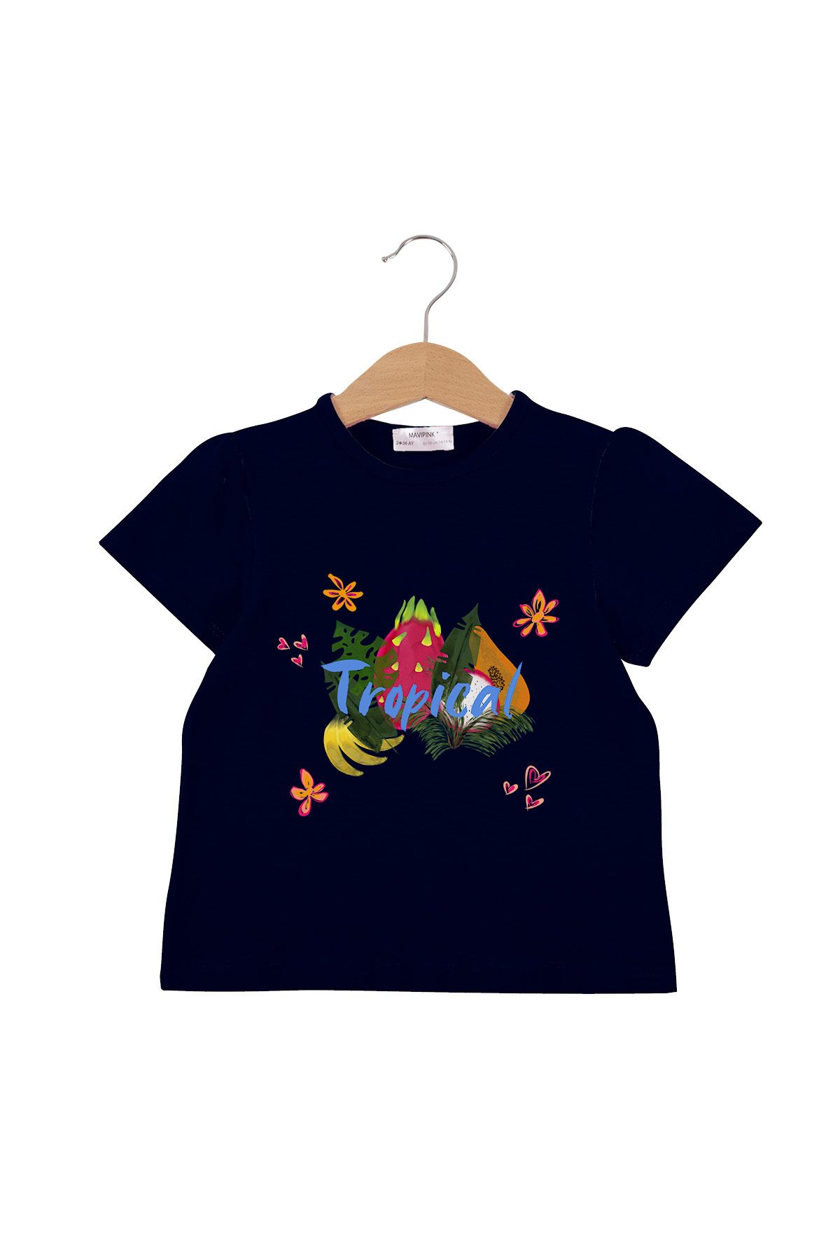 Bubuga Kız Çocuk %100 Pamuk Lacivert Renk Tropical Baskılı Kısa Kol Tshirt