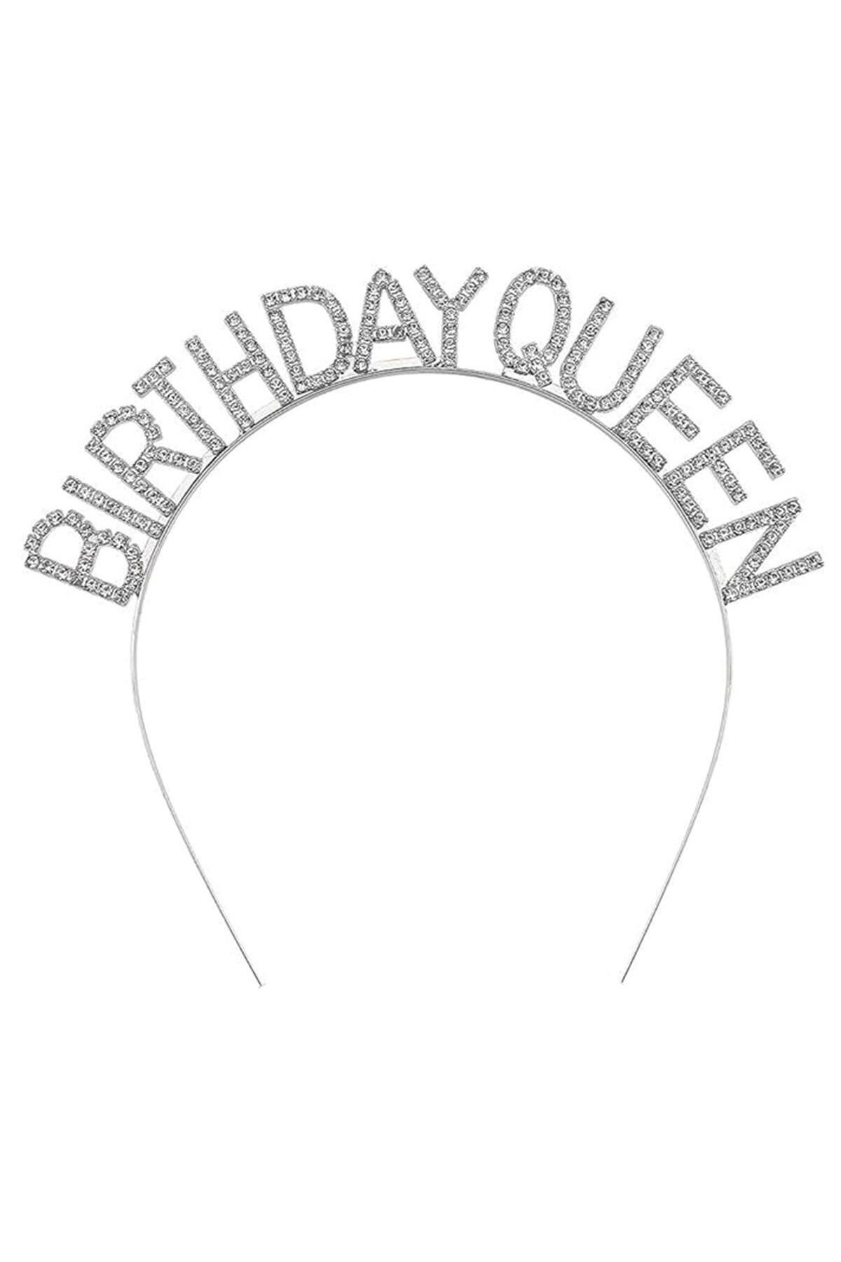 Skygo Gümüş Renk Kristal Taşlı Parlak Birthday Queen Yazılı Kraliçe Taç 16x17 cm