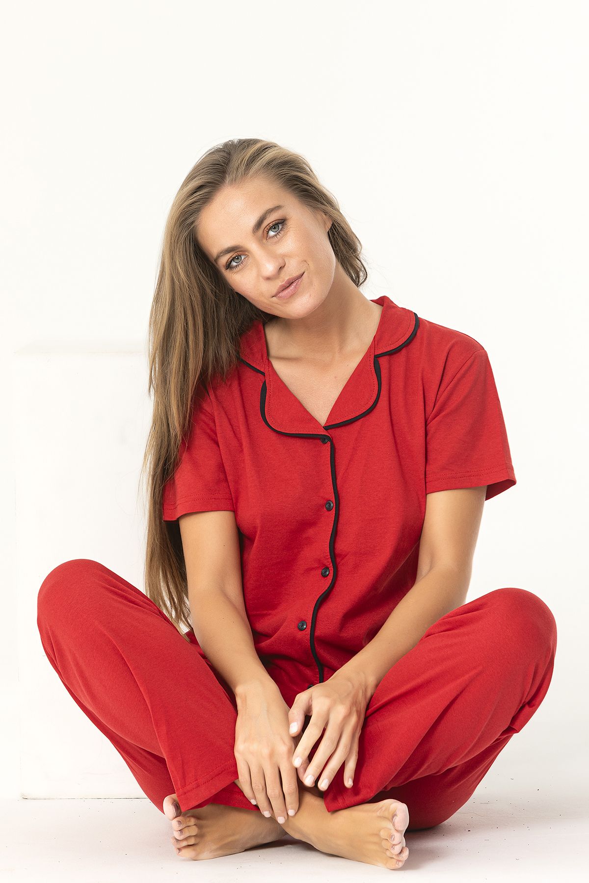 Sude HOMEWEAR Kırmızı Renk Biyeli Pamuklu Kısa Kol Pijama Takımı
