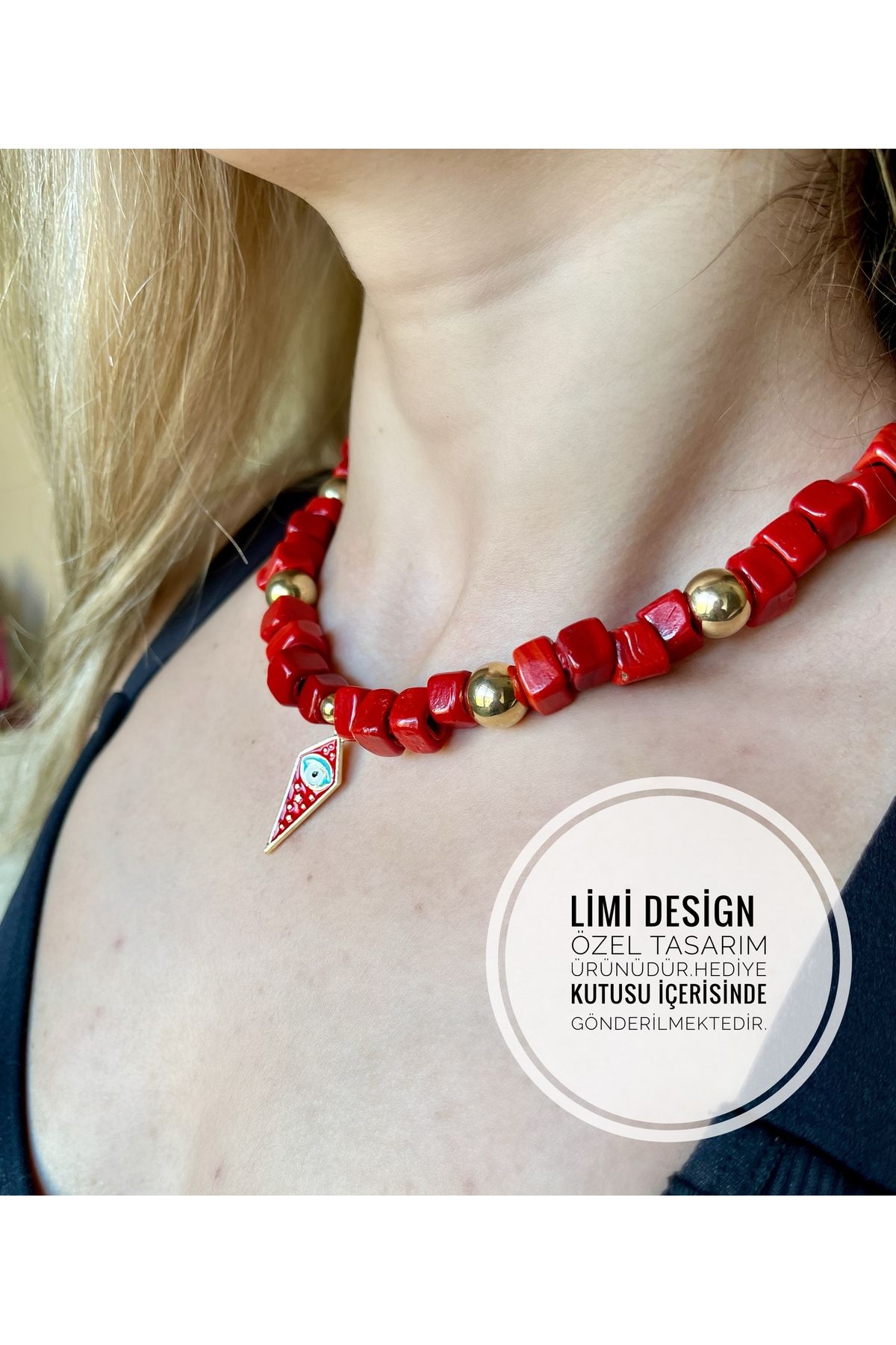 Limi Design Cam Bodrum Boncuk Kırmızı Renk,göz Aksesuarlı El Yapımı Murano Kolye-iri Boncuklu