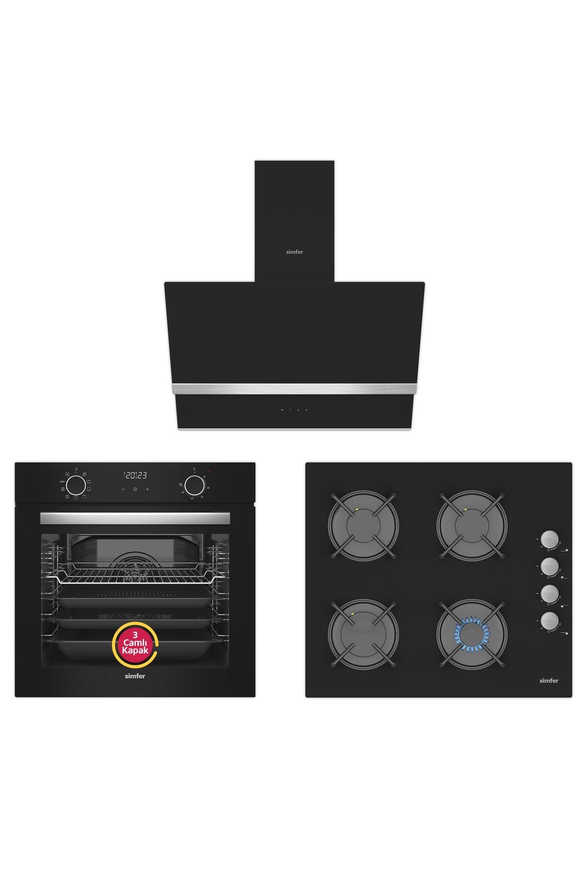 Simfer 10 Fonksiyon Airfry Siyah Digital Ankastre Set (8215 Fırın + 3500 Ocak + 8738 Davlumbaz)