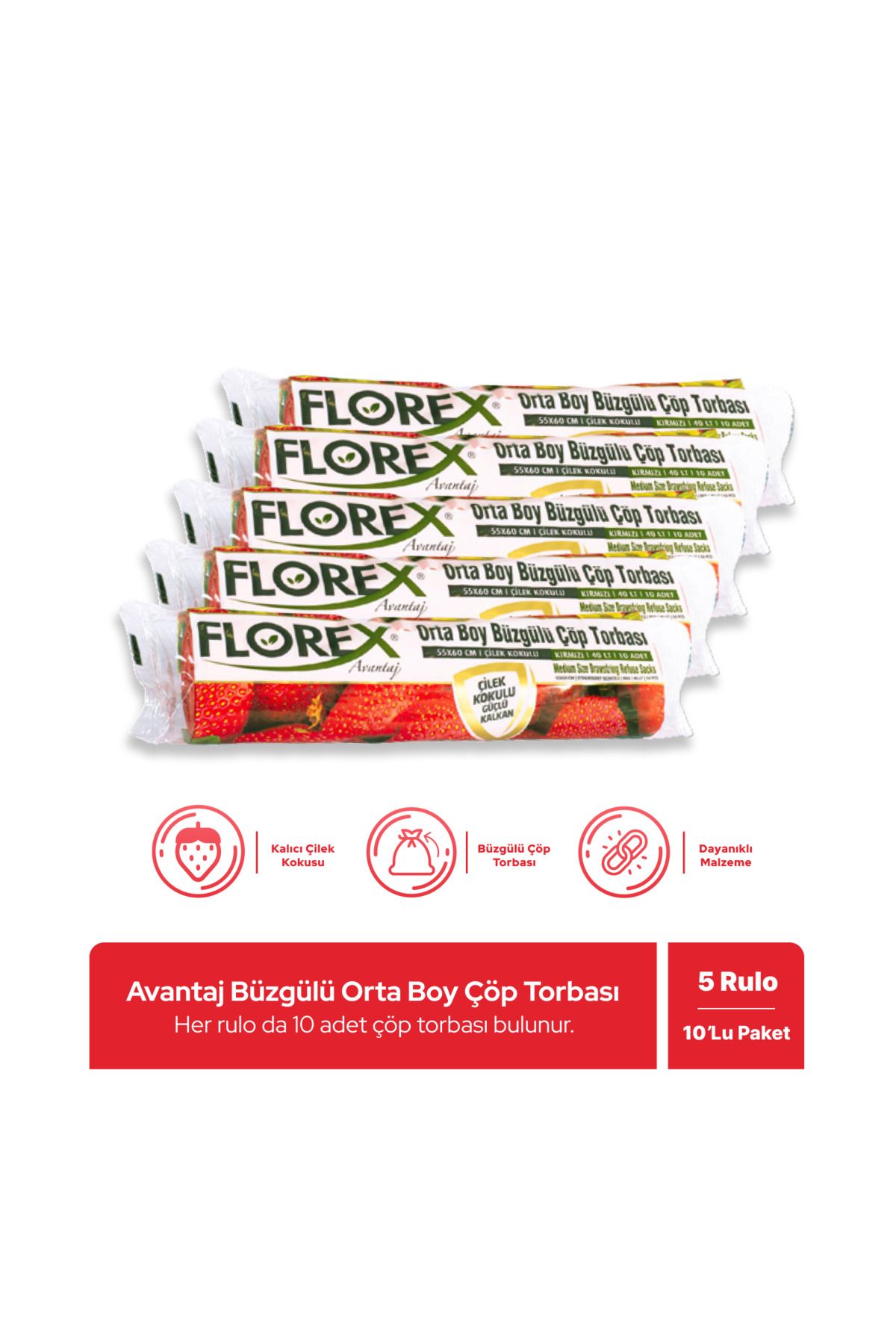 Florex Avantaj Seri Çilek Kokulu Büzgülü Orta Boy Çöp Poşeti X 5 Rulo