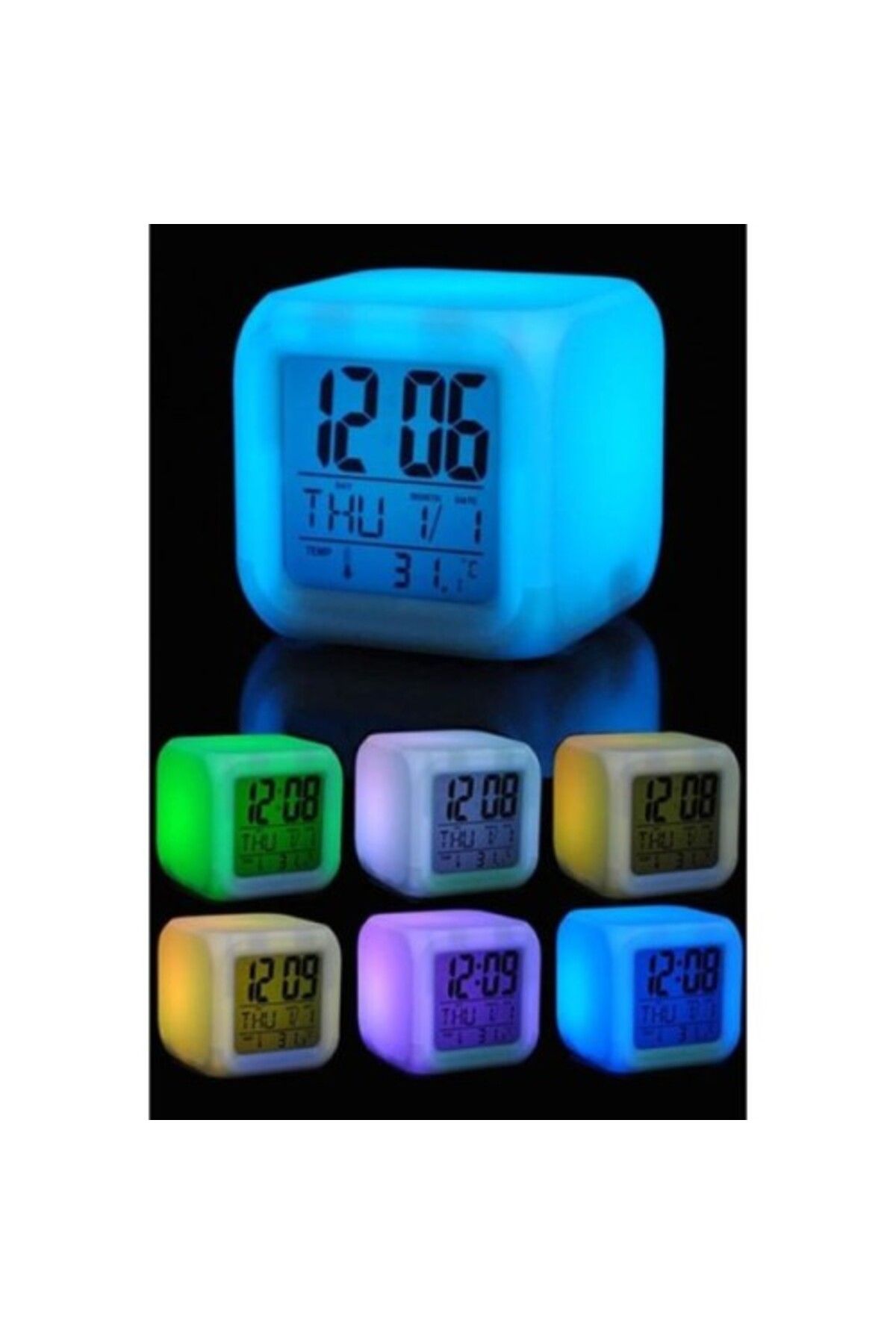 Runaway Renk Değiştiren Alarmlı Dijital Küp Saat - LED Ekranlı Takvim ve Termometre Masa Lambası Renkli Saat