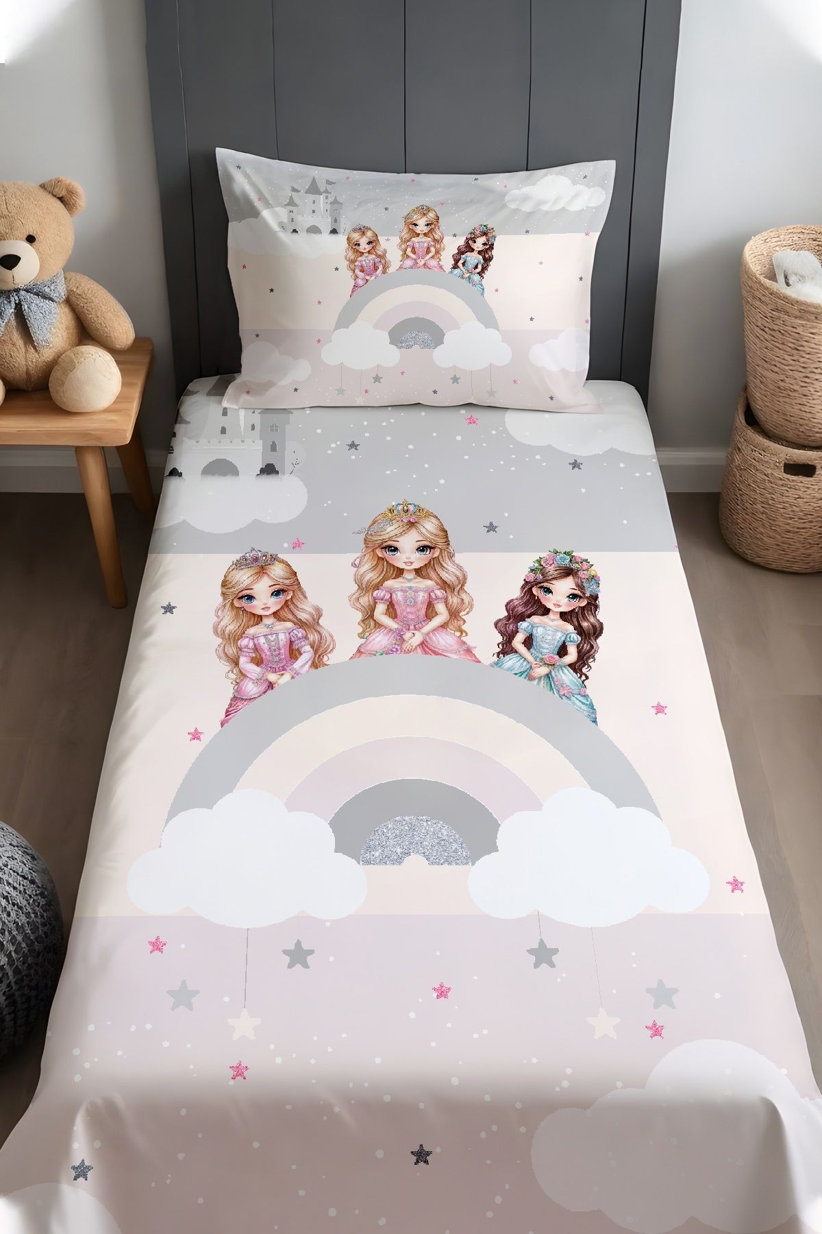 Evpanya Gri Gökkuşağı Prensesler Desenli Yatak Örtüsü ve Yastık Kılıfı
