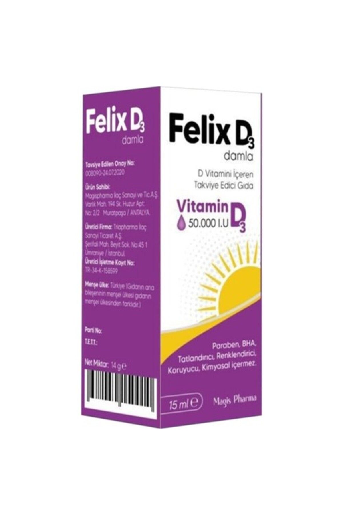 FelixFol Felix D3 Vitamin D3 50.000 Iu 15 Ml Damla