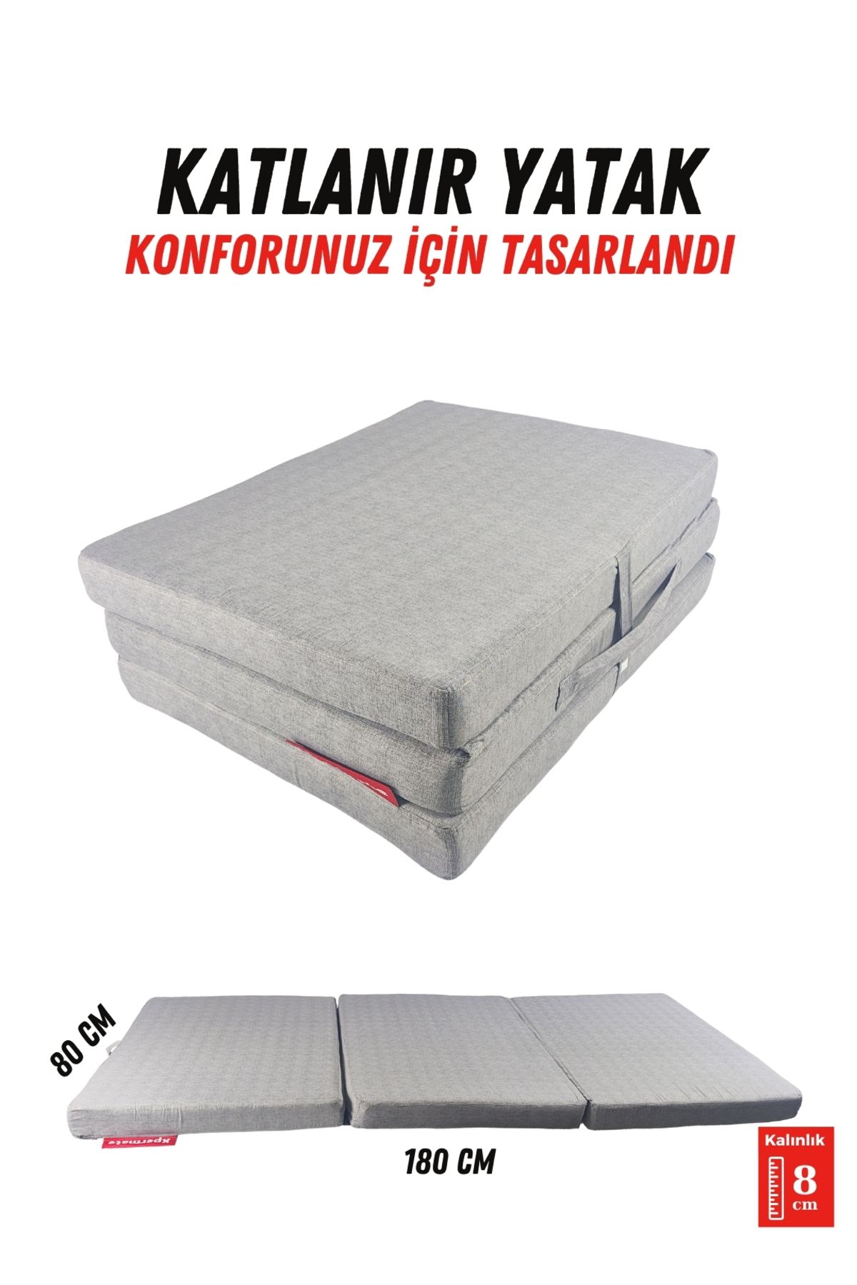 XPERMATE Katlanır Sünger Yatak, Yer Yatağı, Katlanır Yer Minderi, Misafir Yatağı 80x180x8 Gri