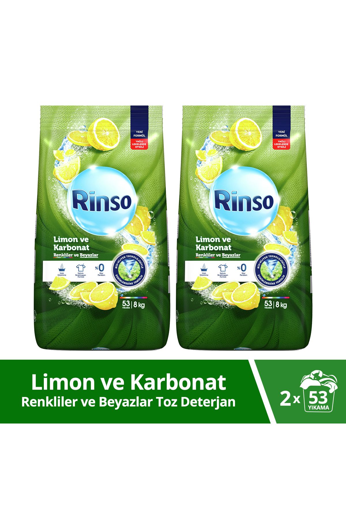 Rinso Toz Çamaşır Deterjanı Renkliler Ve Beyazlar Için Limon Ve Karbonat 8 Kgx2