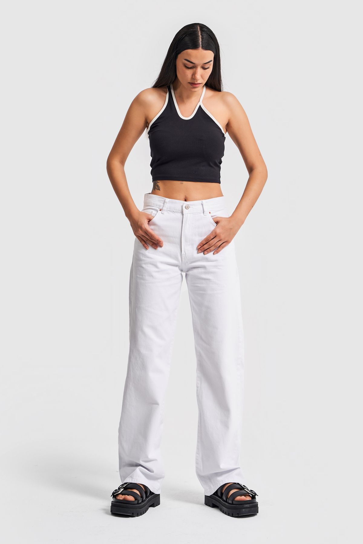 its basic Kadın Beyaz Renk Loose Fit Orta Bel Denim Pantolon