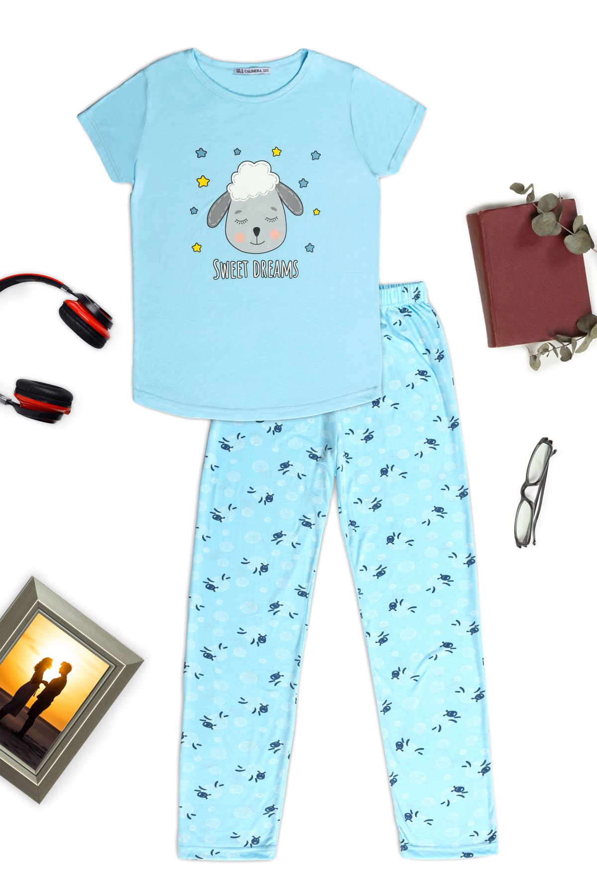 macharelbasic kadın ev/gecelik desenli pijama takım