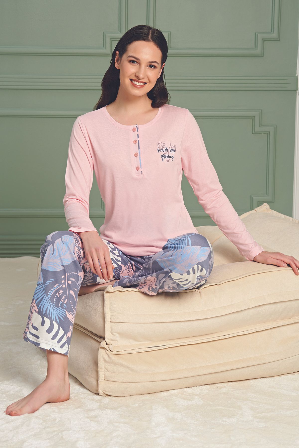 BSM Kadın Yüksek Kalite Uzun Kol %100 Penye Deseni Rahat Pembe Pijama Takımı