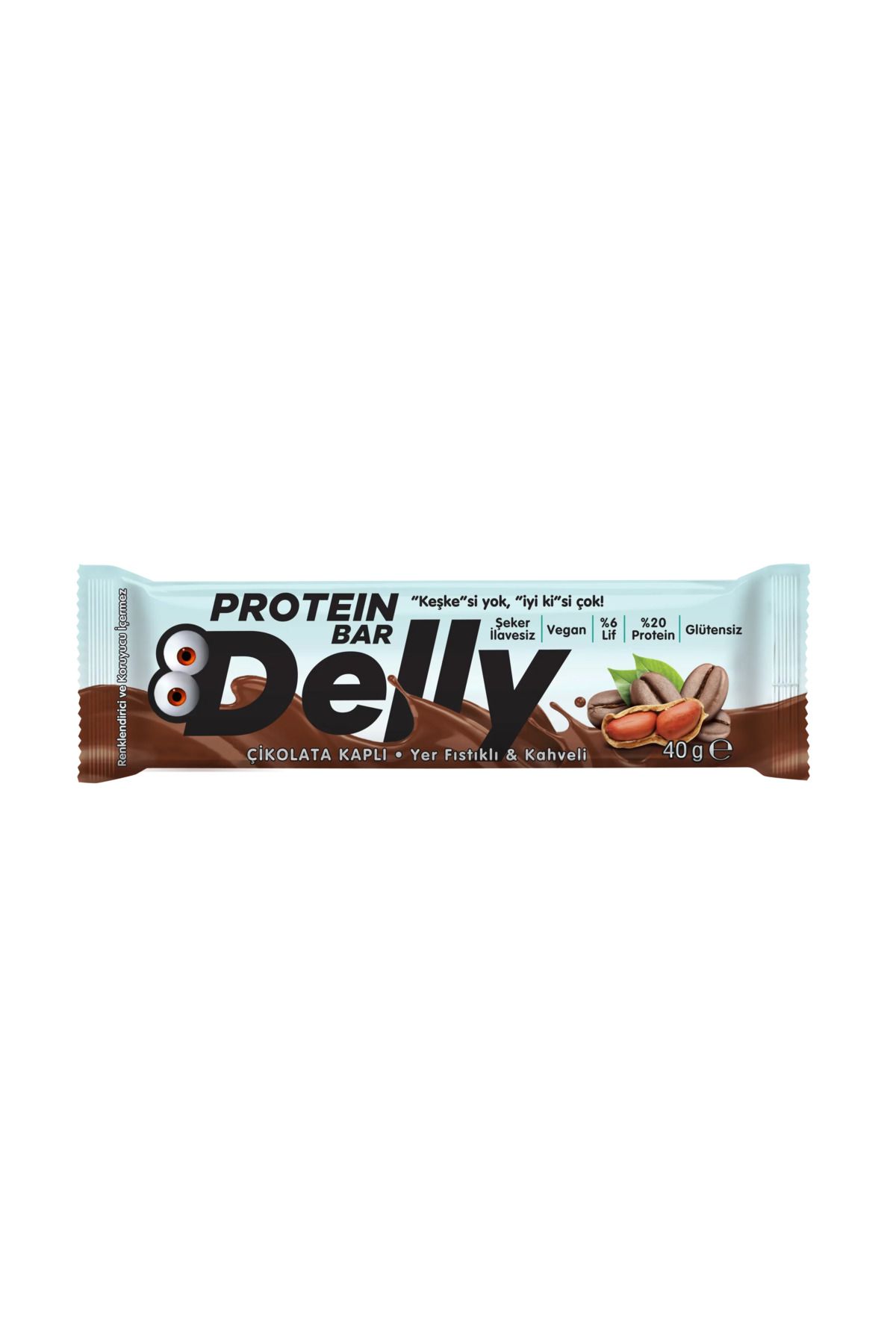 Delly Şeker Ilavesiz Çikolata Kaplı - Yer Fıstıklı & Kahveli Protein Bar 40g (12 ADET)