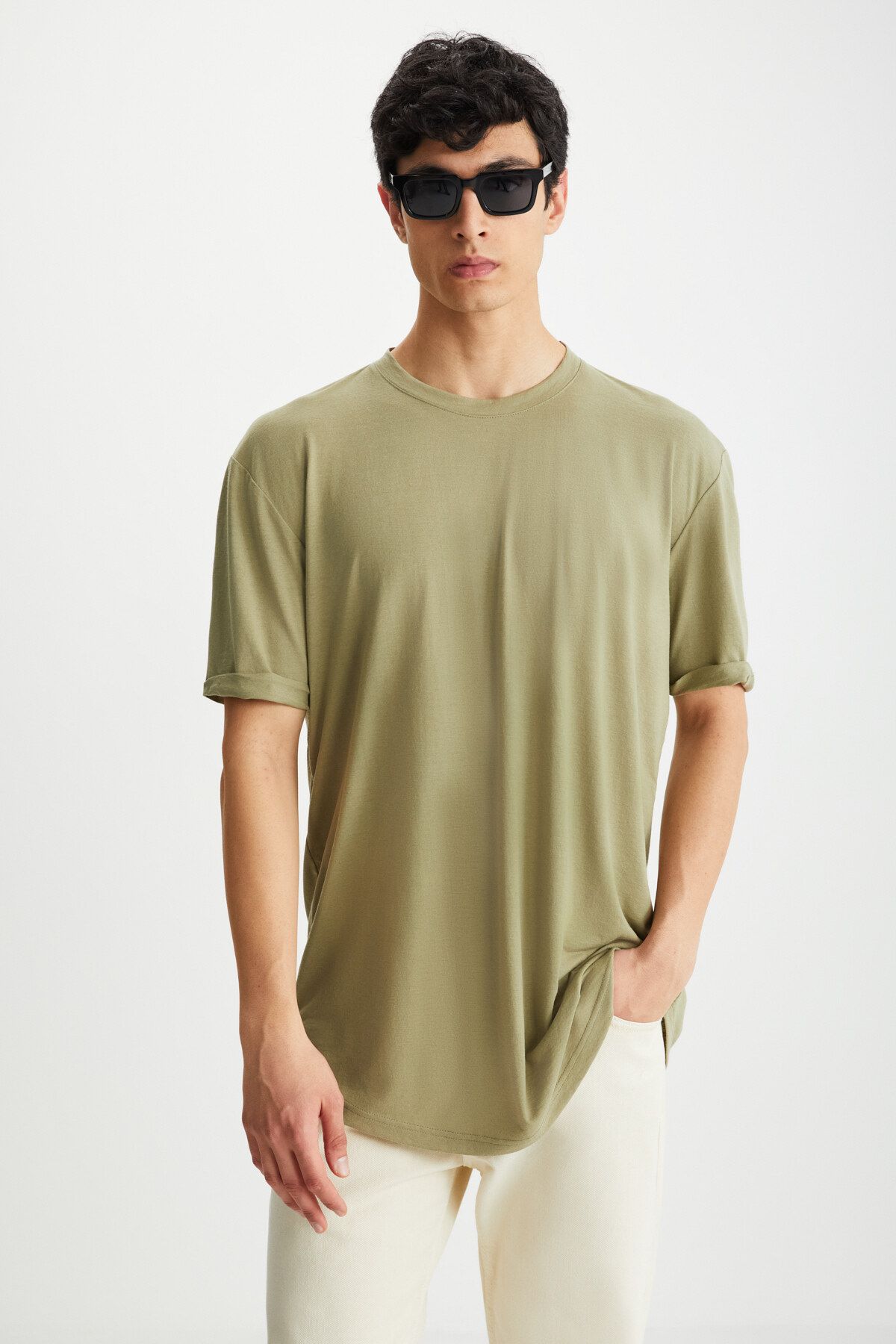 GRIMELANGE Oscar Erkek Uzun Fit Dökümlü Kumaşlı Haki T-shirt