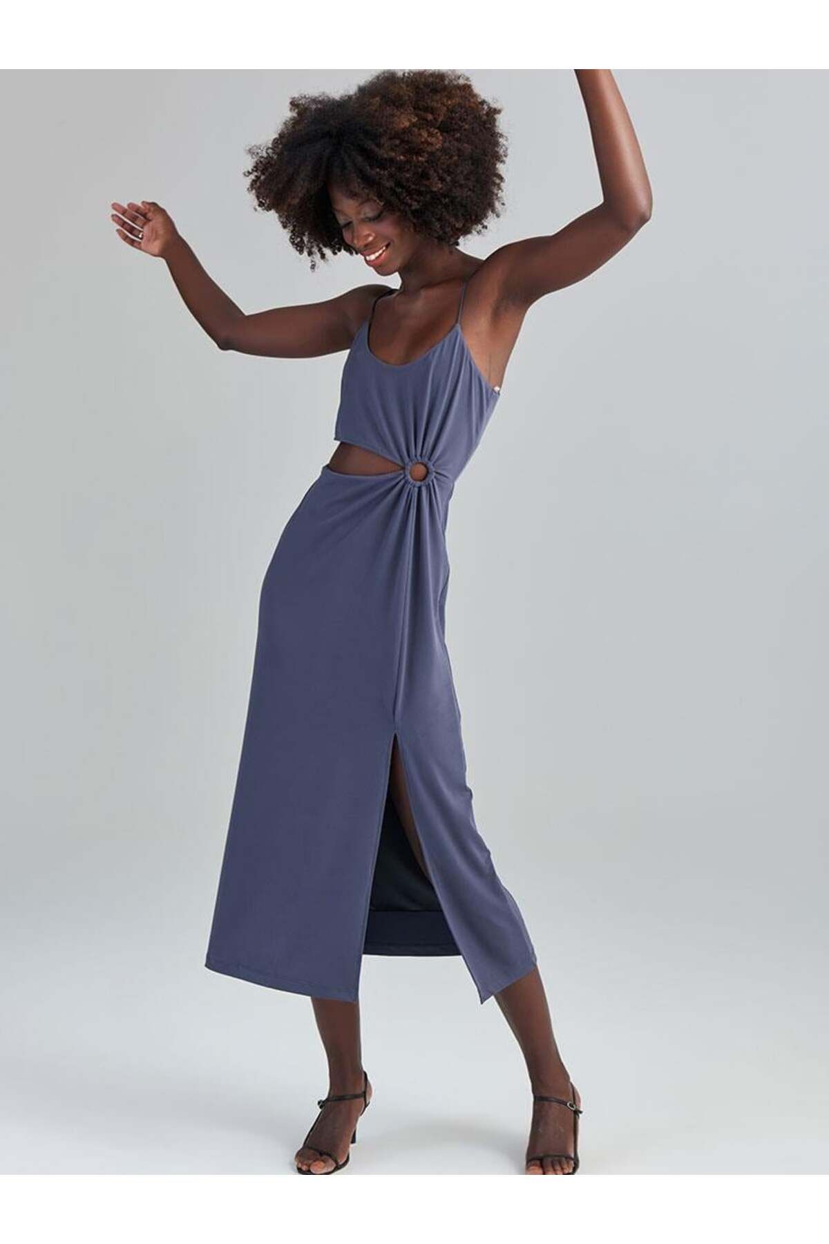 Rivus Cut Out Halka Detaylı Askılı Midi Elbise - Antrasit