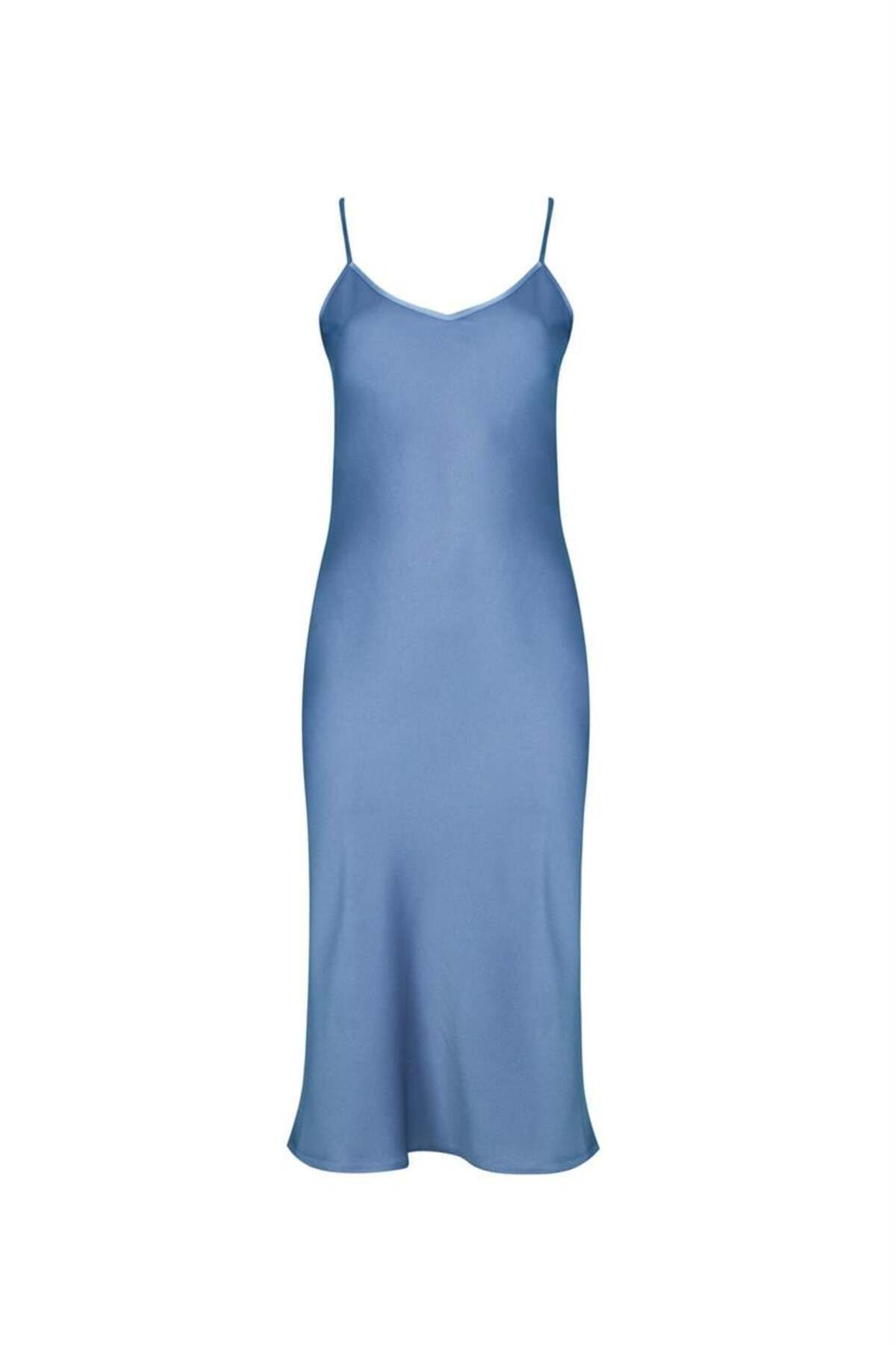 Rivus Spagetti Askılı Saten Midi Elbise - Mavi