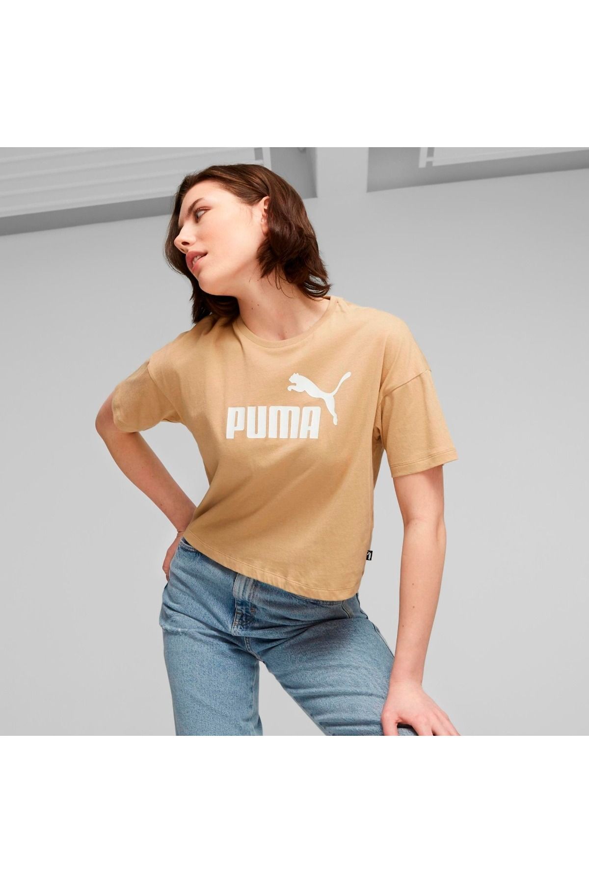 Puma Essentials Cropped Logo Kadın Bej Bisiklet Yaka Tişört