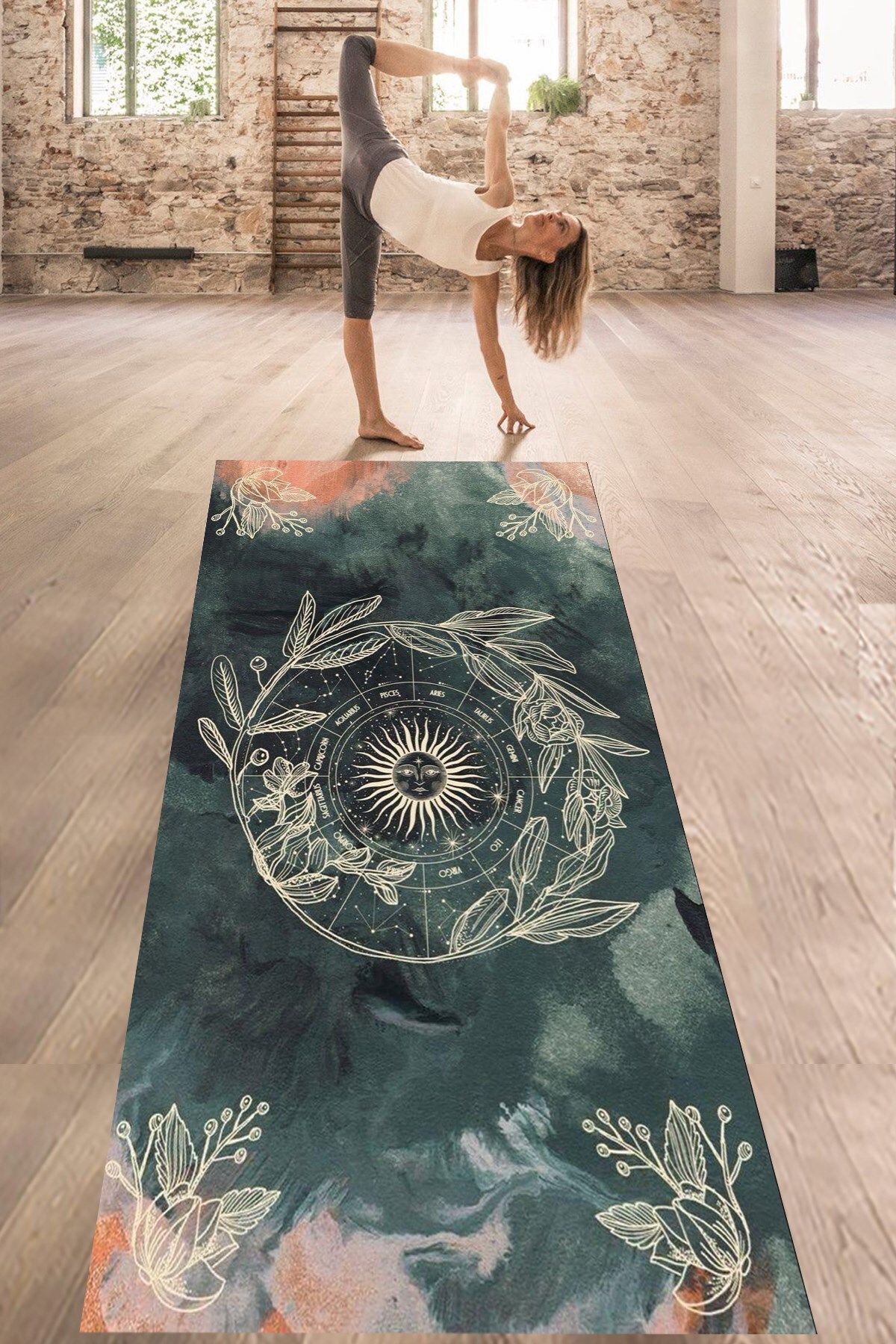 on the clouds Yeşil Zeminde Astroloji Burçlar Yıkanabilir Kaymaz Taban Leke Tutmaz Yoga Matı Pilates Minderi