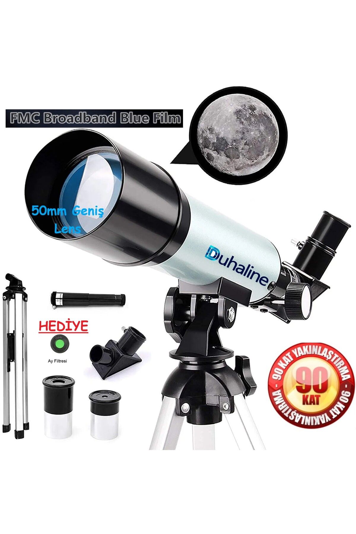 DUHALINE Teleskop 90 Kat Yakınlaştırma 50mm Eğitici Astronomik Uzay Doğa Ay Gözlem Teleskobu+Ay Filtresi