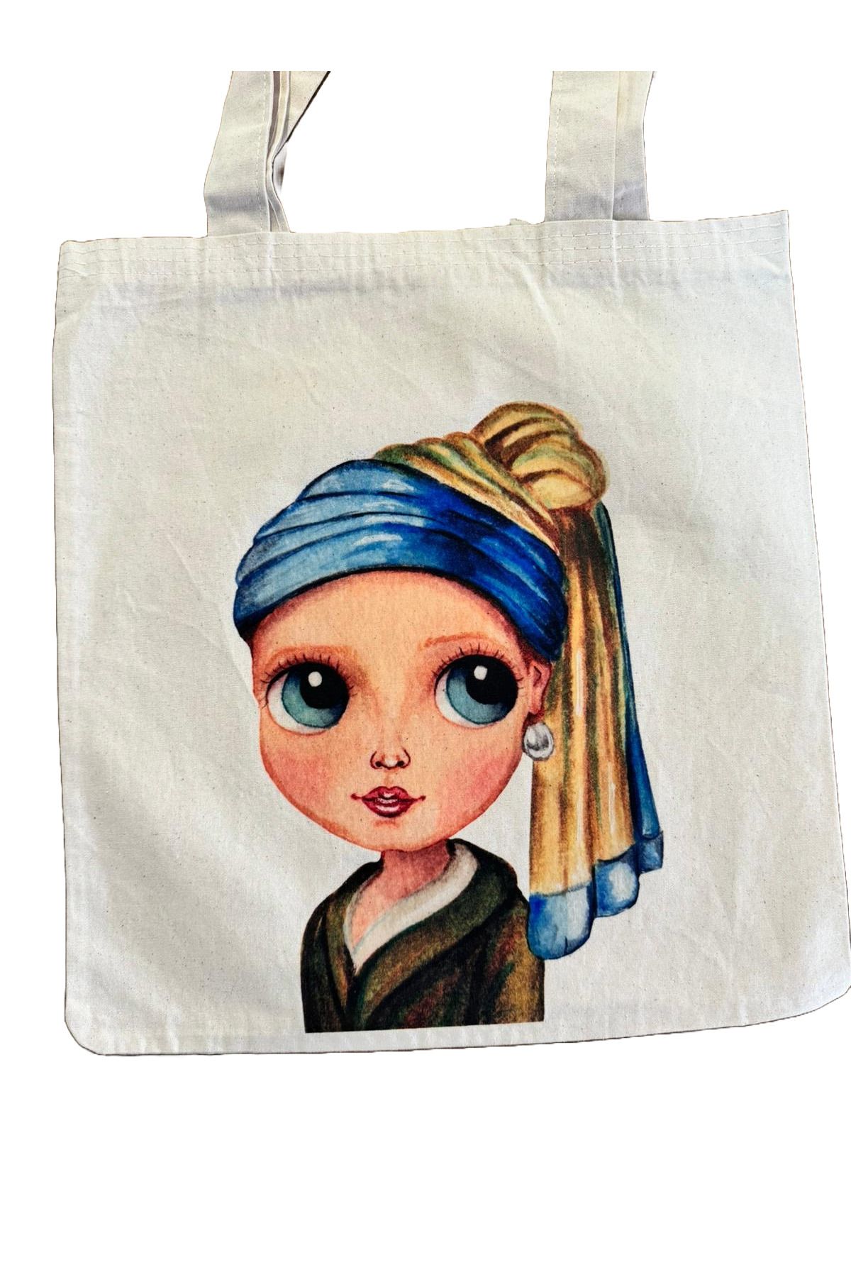 Kıvırcık Senyorita TM Bez Çanta - İnci Küpeli Kız Baskılı Bez Çanta - Desenli Omuz Çantası - Keten Çanta