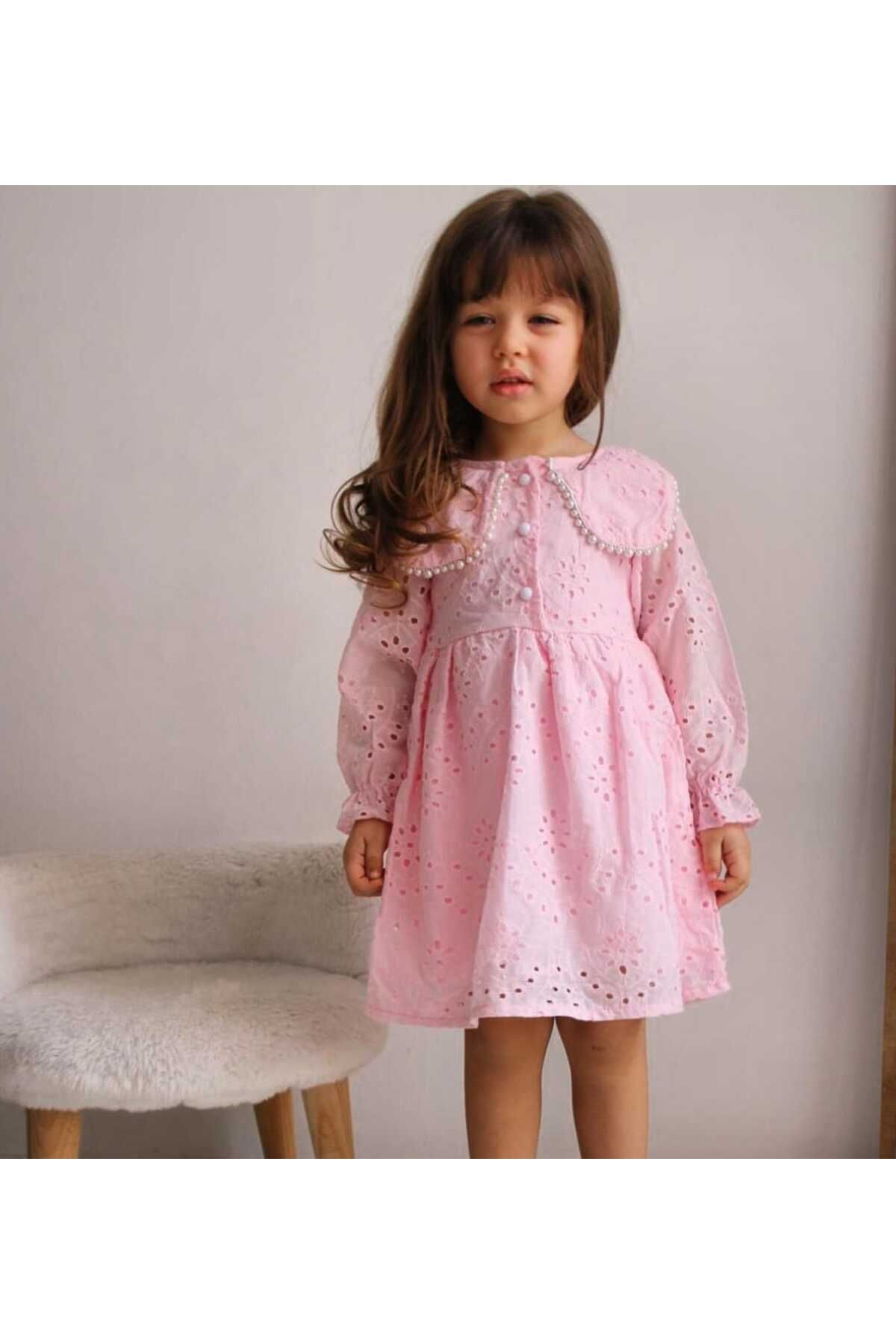 DFG İnci işleme yakalı güpür kumaş kız çocuk elbise( Bir beden büyük tercih ediniz)